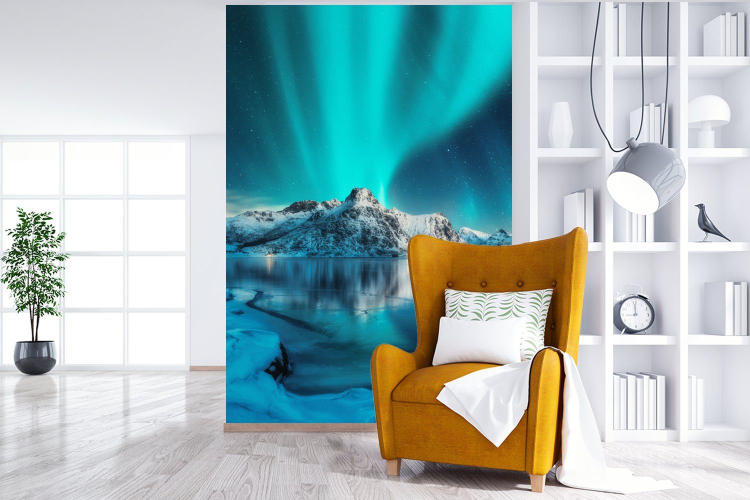 Tapete (3 Blau - Nordlicht Vinyl Wohnzimmer, Norwegen Schnee St), Eis - - - Fototapete Berge, Matt, bedruckt, Wandtapete - Montagefertig für MuchoWow