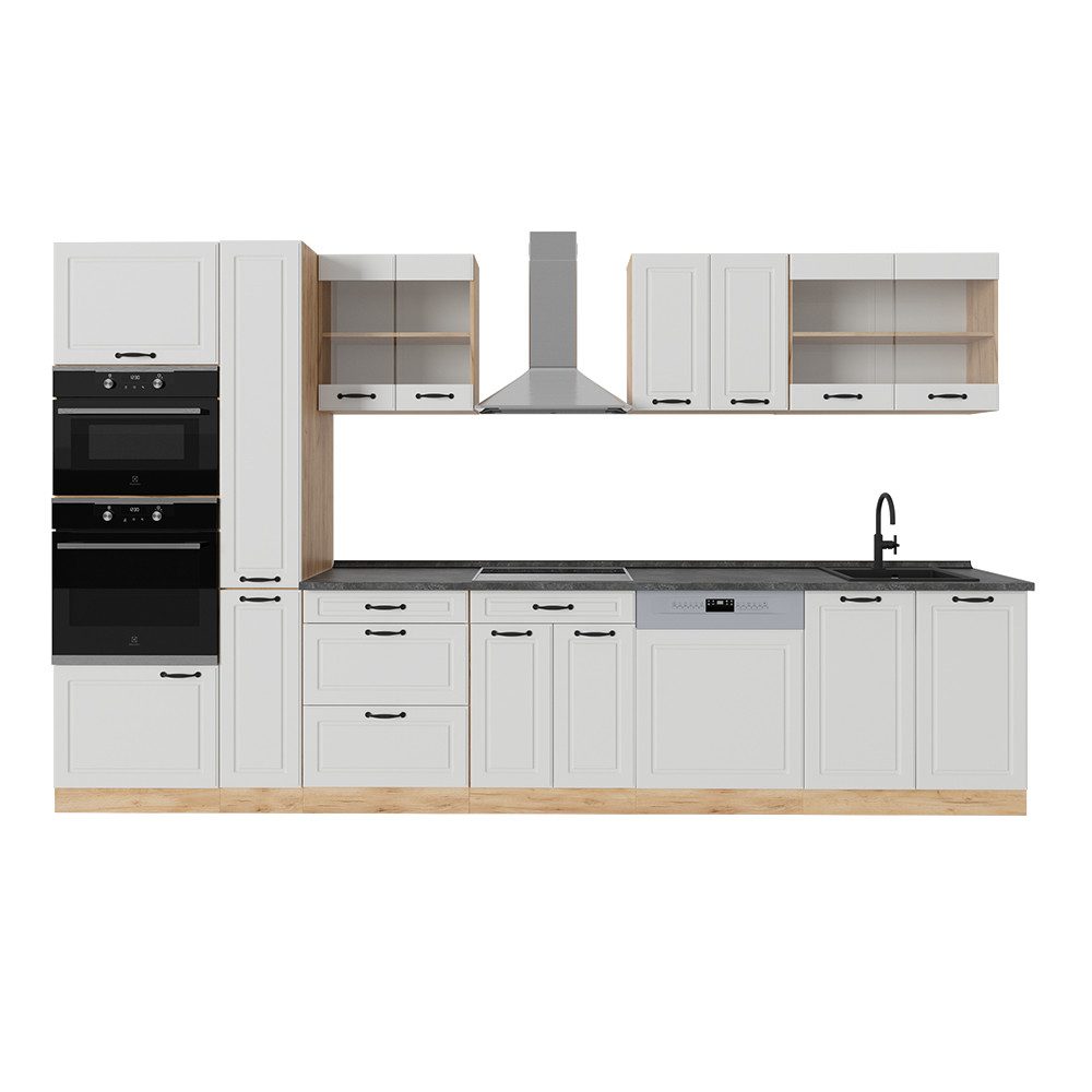 Vicco Küchenzeile R-Line, Weiß Landhaus/Goldkraft Eiche, 350 cm, AP Anthrazit