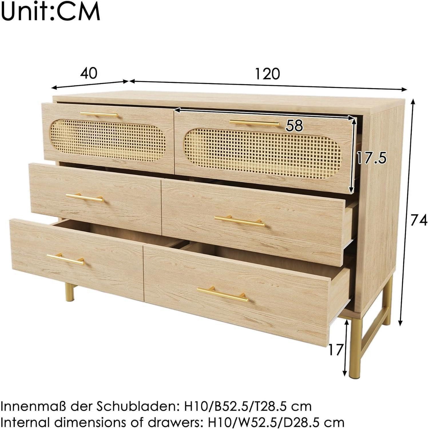 LuxusKollektion Sideboard Sideboard Hochglanz 6 Schubladen Metallgriffe Sonoma Eiche 120x40x74cm