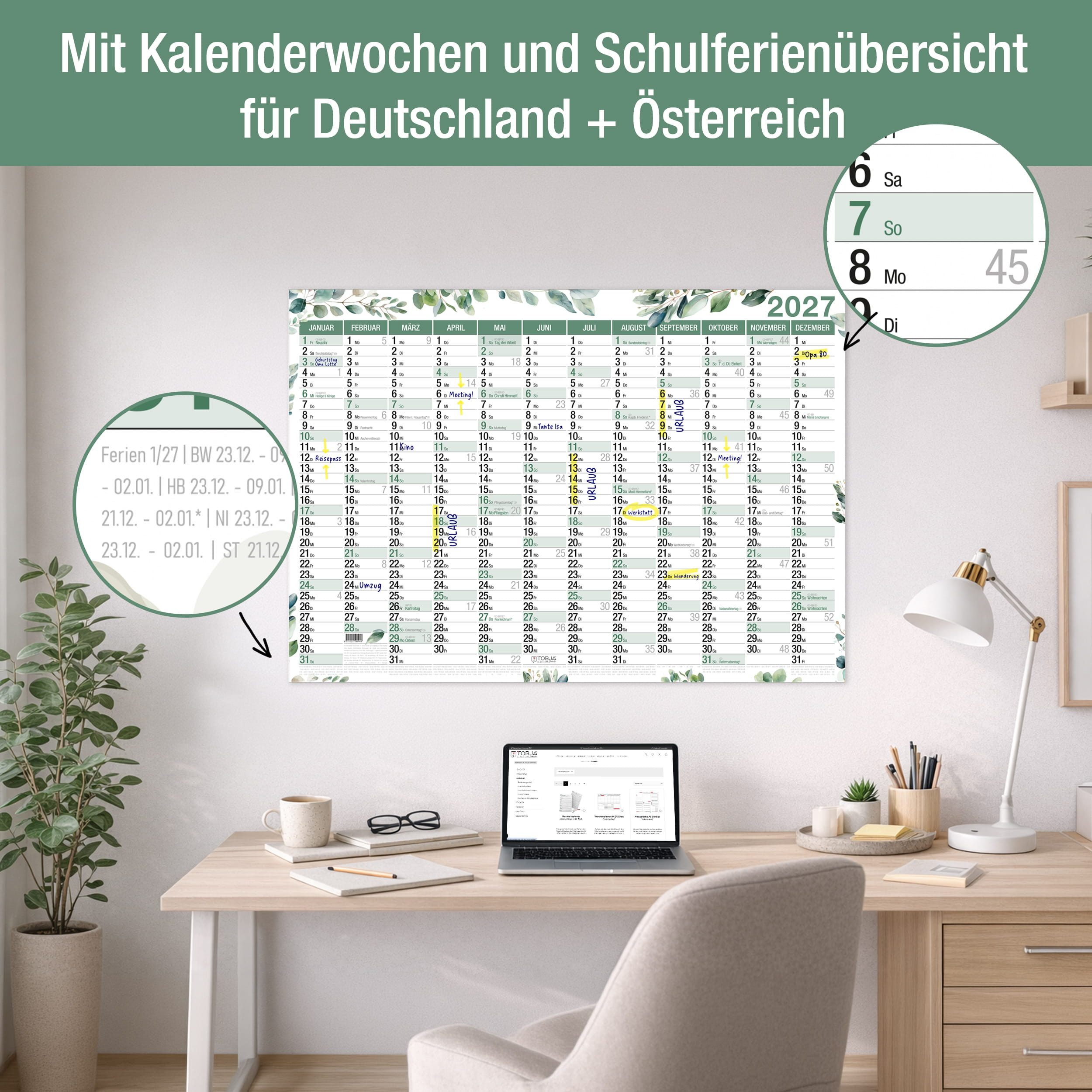 TOBJA Wandkalender Wandkalender 2027 A1 Eukalyptus Design – Großer Wandplaner, Botanical Design, Ferienkalender DE, große Felder – Bild 5 von 5