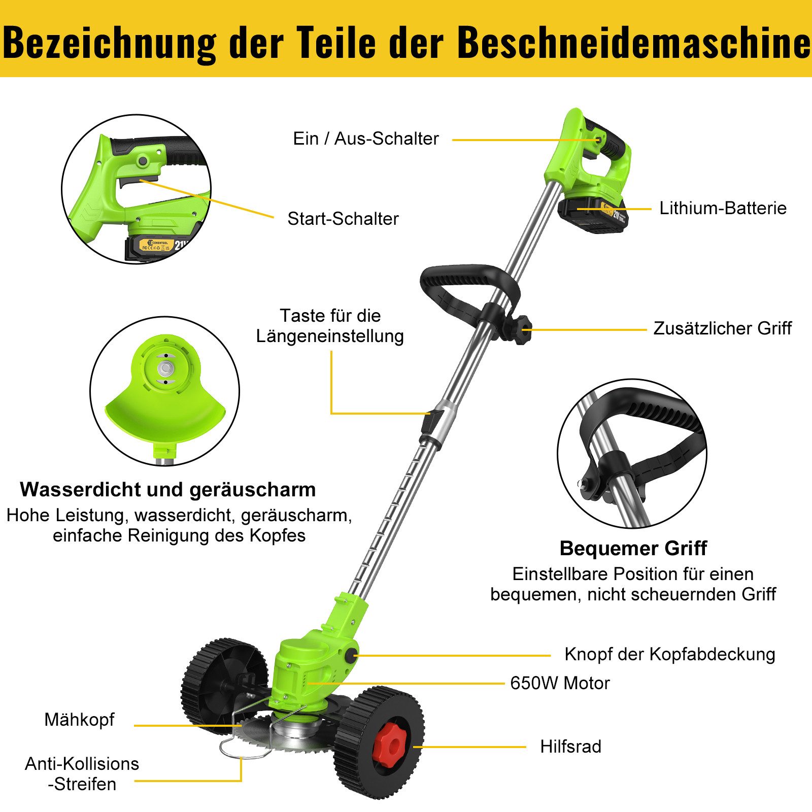 CONENTOOL Akku-Rasentrimmer 2x 2000mAh Akkus 21V, Rädern, 15 cm Arbeitsbreite Messer, (mit Akku und Ladegeät), 4 Arten Klingen, Teleskop-Stiel – Bild 5 von 5