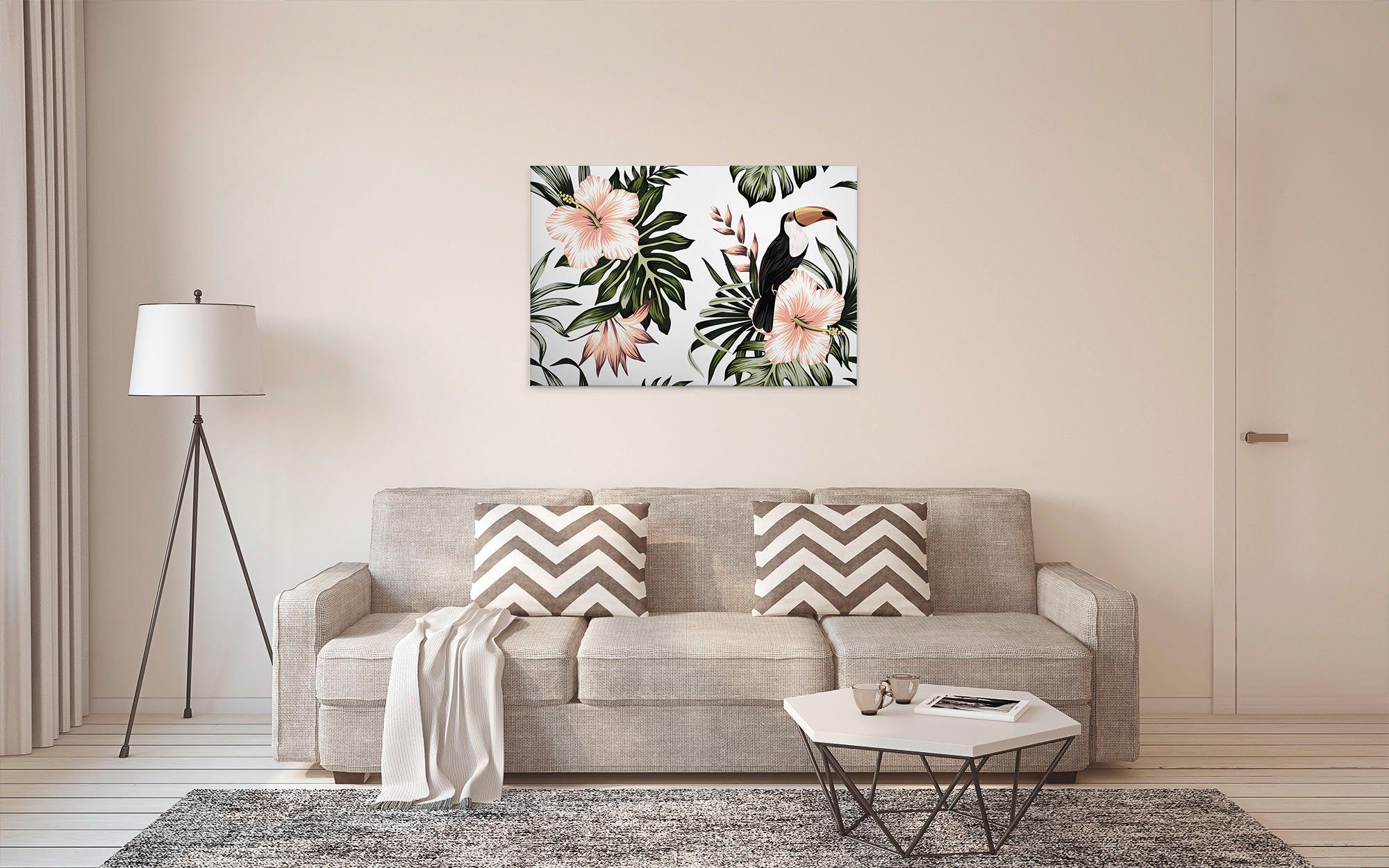 Hibiskus weiß, Dschungel St), Toucan, Création (1 grün, Leinwandbild Palmenblätter Keilrahmen Blumen A.S. schwarz