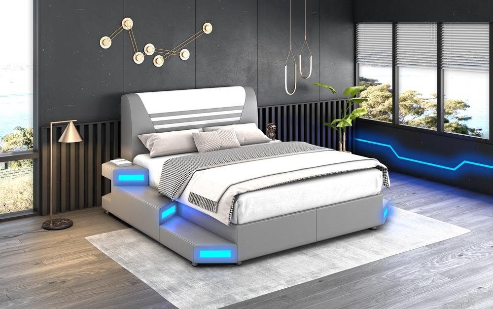 JVmoebel Bett Luxus Led Beleuchtetes Schlafzimmer Bett Lederbett 180x200 Möbel (Bett), Made in Europa