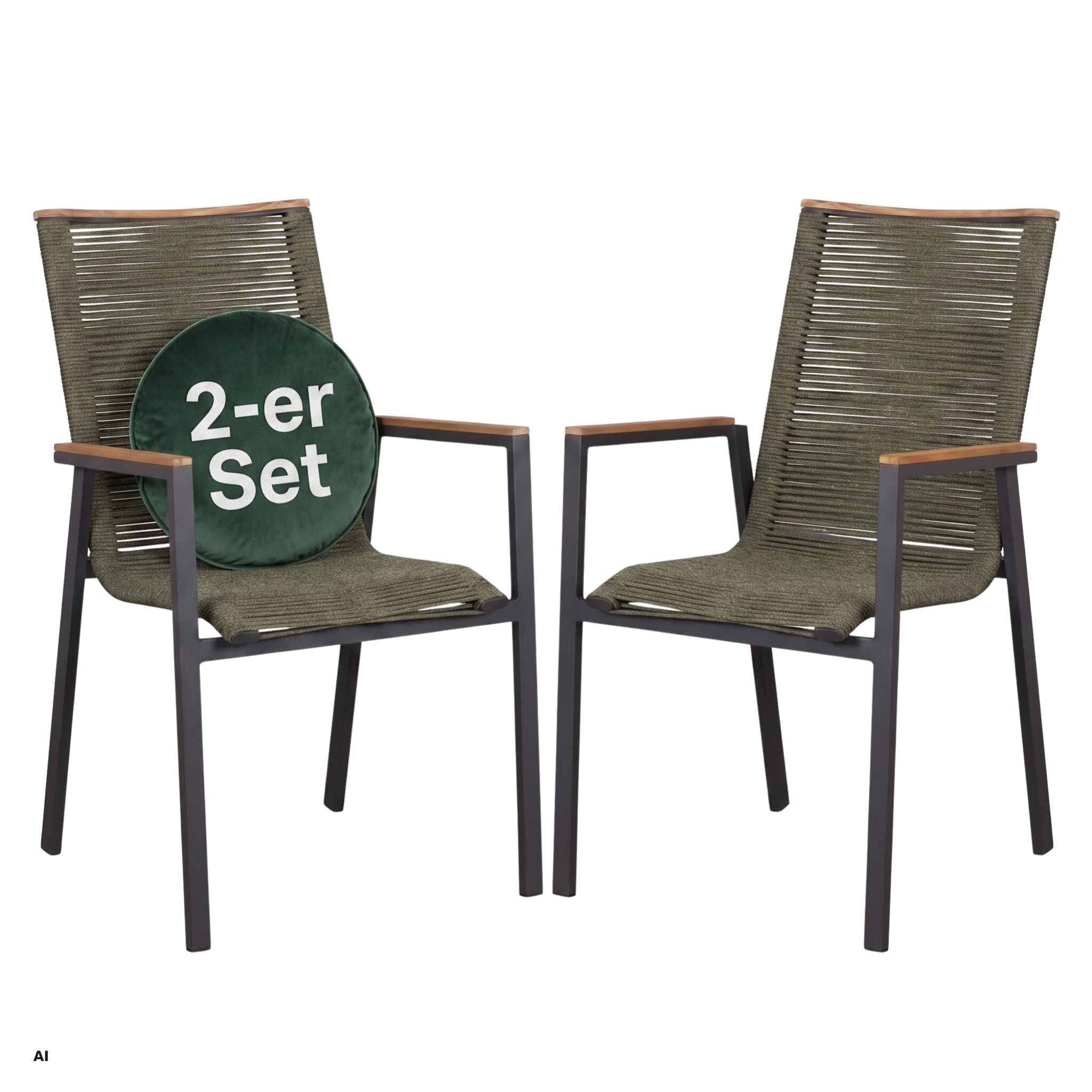 MR.DEKO Gartenstuhl 2er Set Gartensessel Stapelstuhl Alicante grün mit Teakarmlehne (2er-Set Relax Stapelsessel mit Rope-Bespannung, 2 St), Stapelbar, wetterfest, Aluminiumgestell mit Teakarmlehnen
