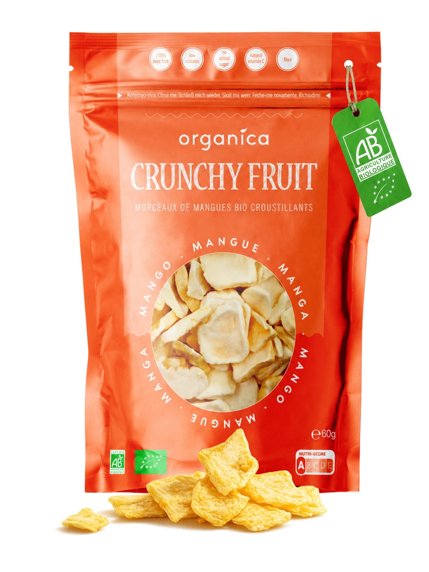 Organica Trockenfrüchte Bio-Mango gefriergetrocknet knuspriger Fruchtsnack, 1 x (Single Pack(18g), Bio-zertifiziert, 100 % Frucht, Ohne Zuckerzusatz, Nutri-Score A