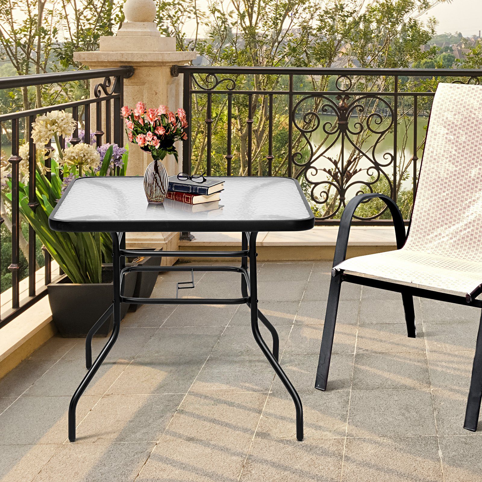 COSTWAY Bistrotisch, mit Schirmloch & Glasplatte, Metall, 80x80x71cm