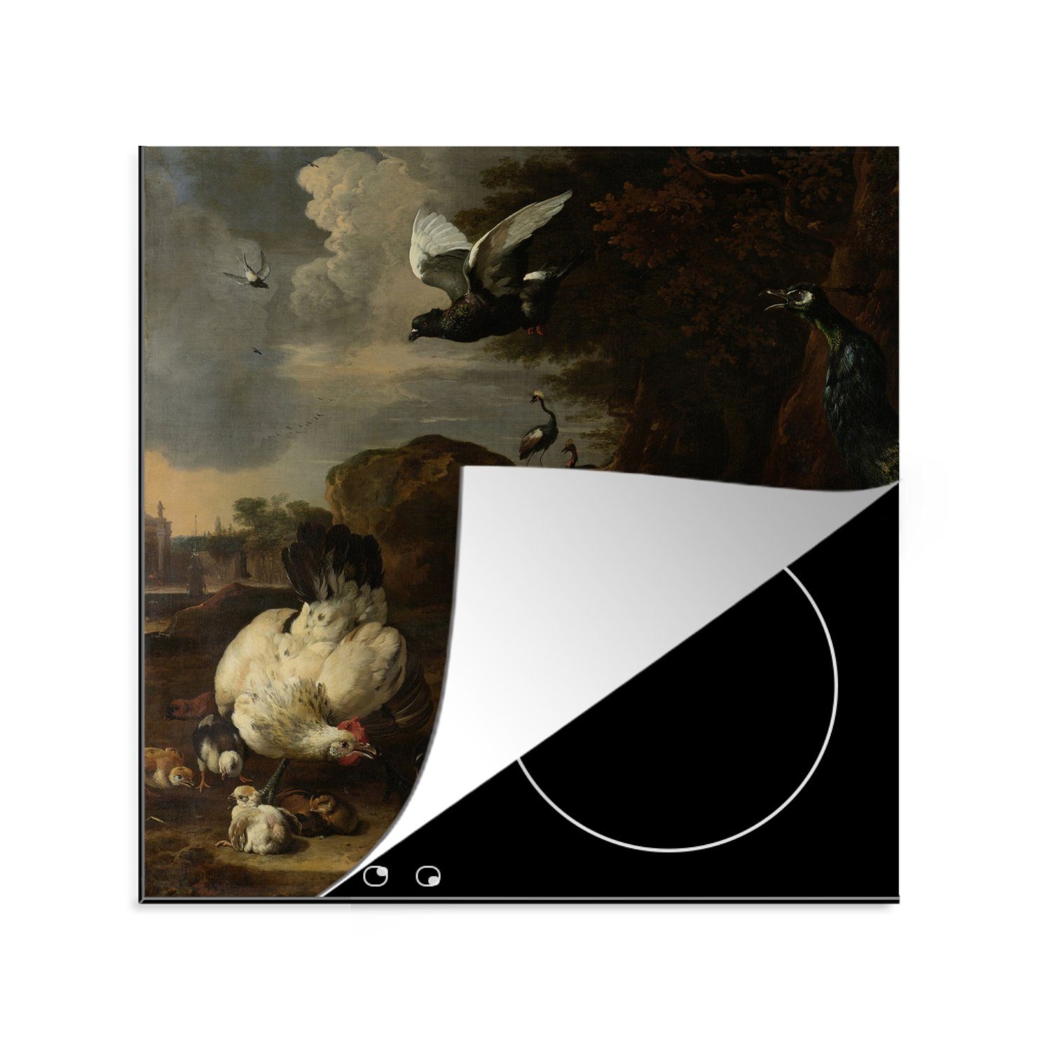 MuchoWow Herdblende-/Abdeckplatte Eine Henne mit Küken, bedroht von zwei Pfauen - Melchior d'Hondecoeter, Vinyl, (1 tlg), 78x78 cm, Ceranfeldabdeckung, Arbeitsplatte für küche