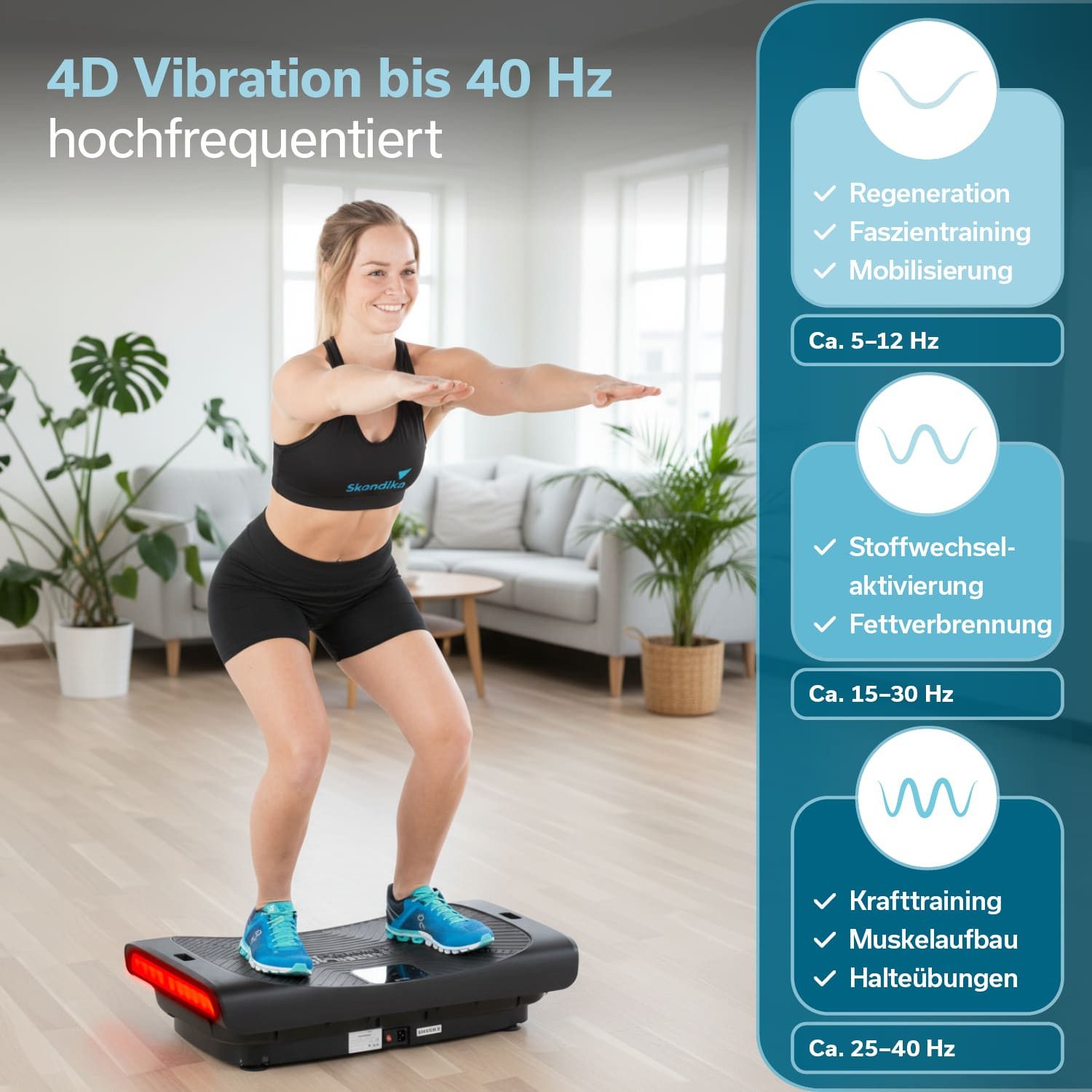 Skandika Vibrationsplatte für Zuhause 4D, V3000 Plus, Oszillierende Vibration bis 40 Hz, (Bodenschutzmatte aus synthetischem Kautschuk), Bodenschutzmatte, 60 Stufen, 3 + 1 Programme, Curved Technology