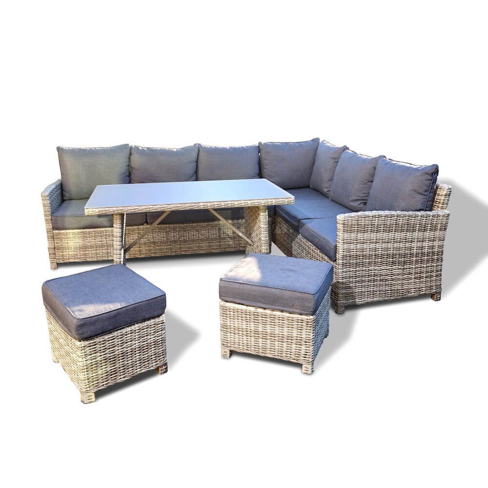 HOME DELUXE Sitzgruppe Rattan Sitzgruppe - BAHIA, (inkl. Hocker, Tisch mit Glasplatte und Sitzpolster), Rahmen aus leichtem, extrastabilem und rostfreiem Aluminium