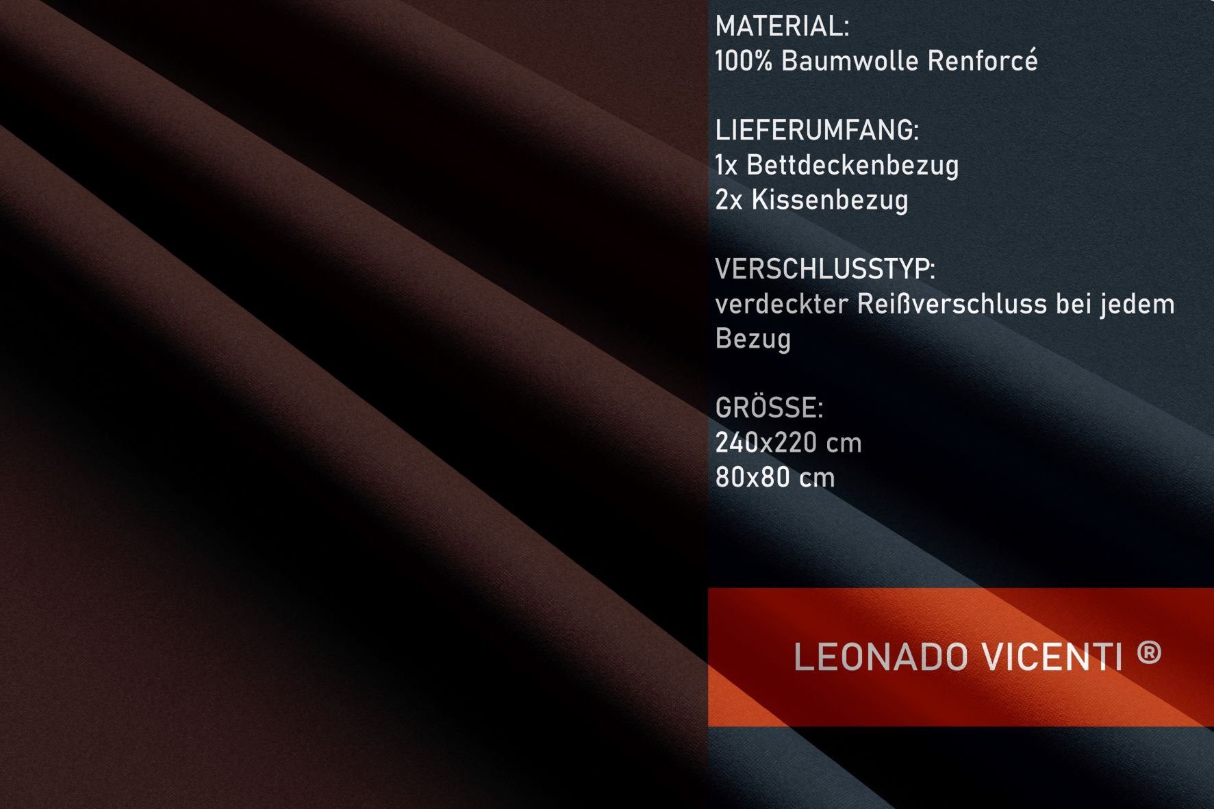 Leonado Vicenti Bettwäsche Baumwolle 135x200, 155x200, 155x220, 200x200, 200x220 oder 240x220, Renforcé, 3 teilig, Einfarbig mit Reißverschluss – Bild 4 von 5