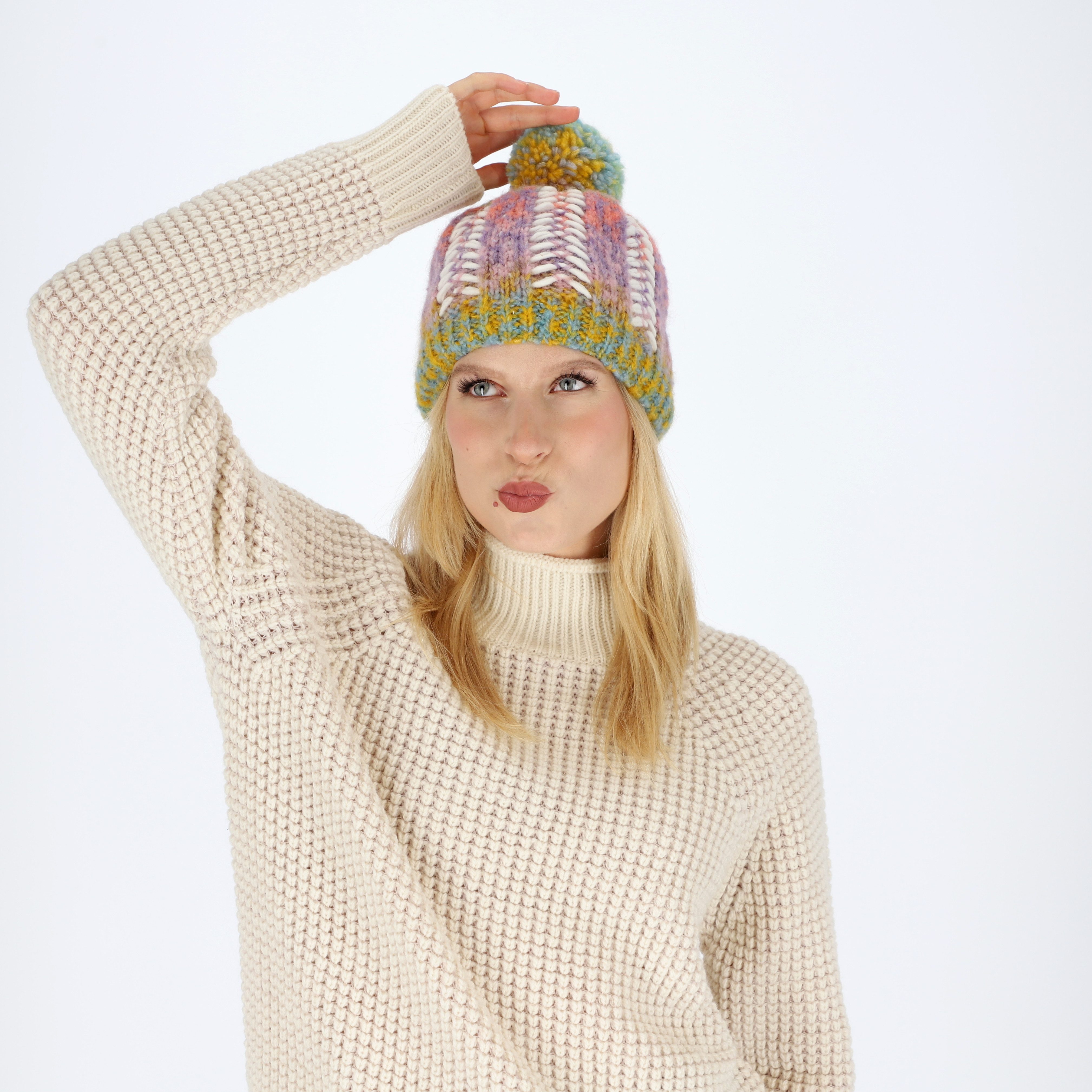 halsüberkopf Accessoires Strickmütze Pudelmütze multicolor mit Innenfleece