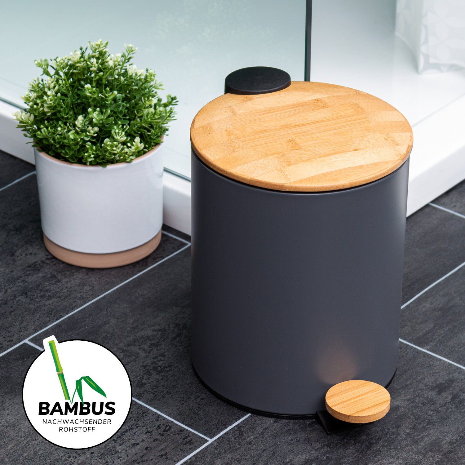 bremermann Kosmetikeimer Mülleimer mit Bambus-Deckel, Bad-Abfalleimer mit Soft-Close 5 l, grau