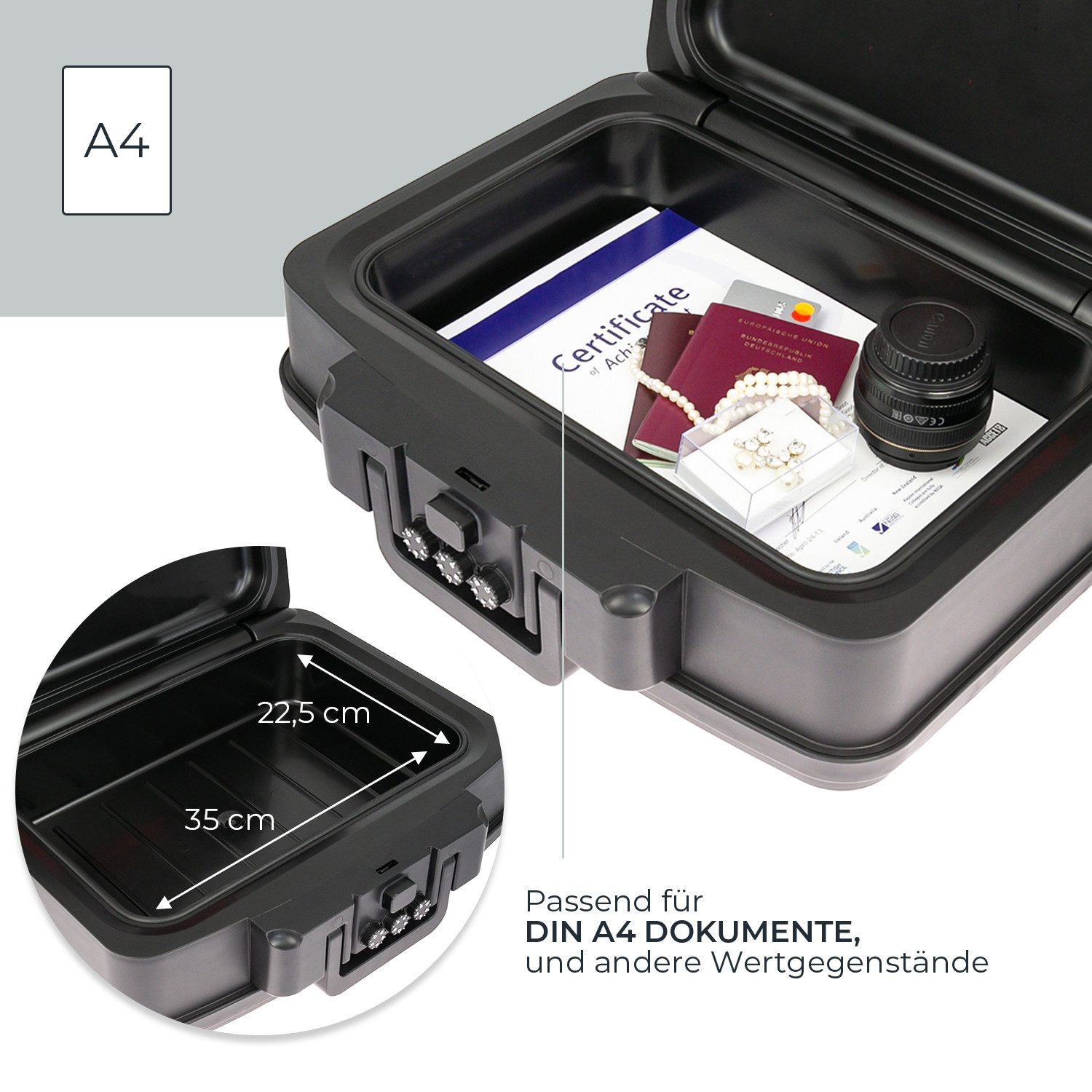 HMF Geldkassette Feuerfeste und wasserdichte Dokumentenbox DIN A4, sicherer Tresor mit Zahlenschloss, 44,5 x 16,5 x 36,5 cm, schwarz