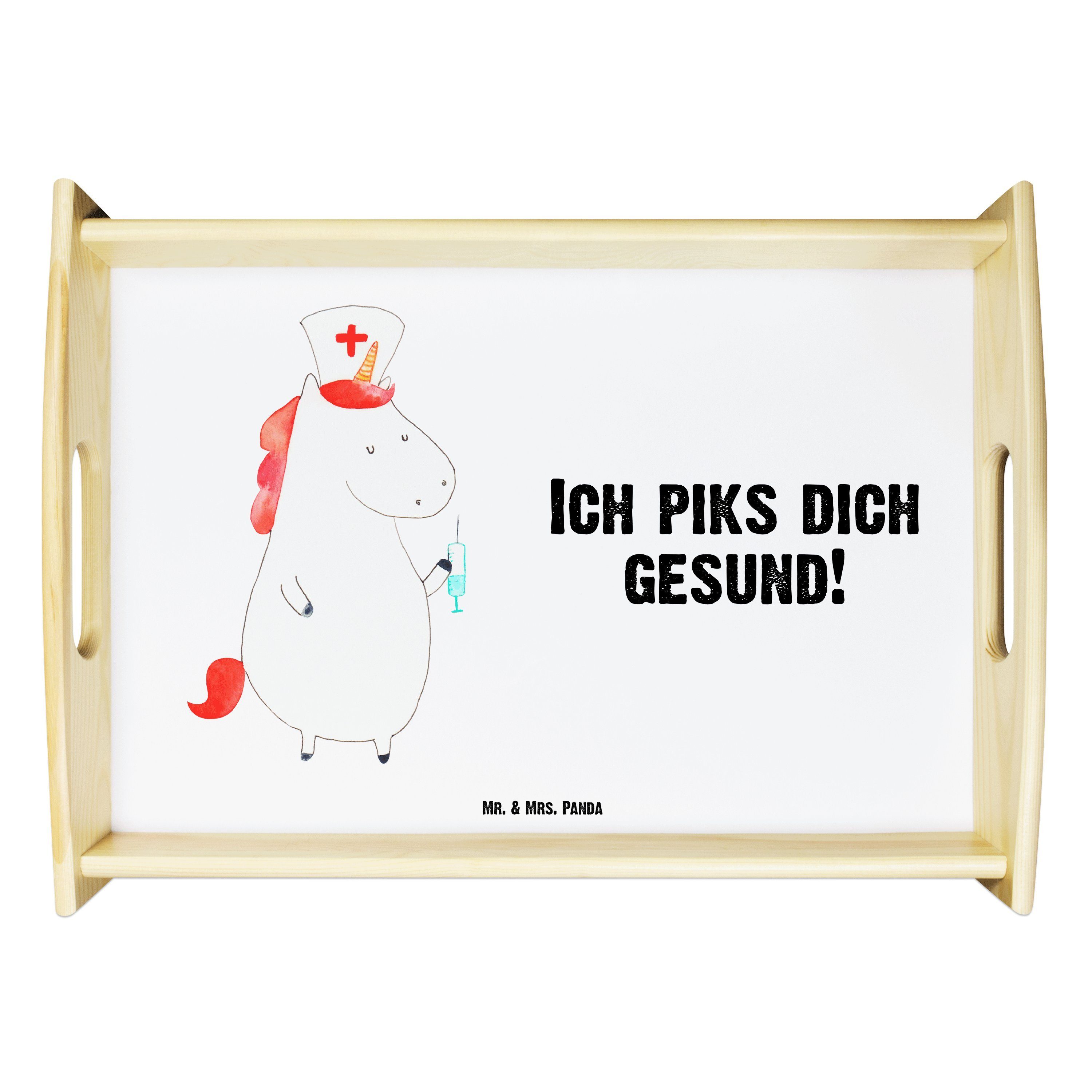Mr. & Mrs. Panda Tablett Einhorn Krankenschwester - Weiß - Geschenk, Pegasus, Unicorn, Kranken, Echtholz lasiert, (1-tlg)