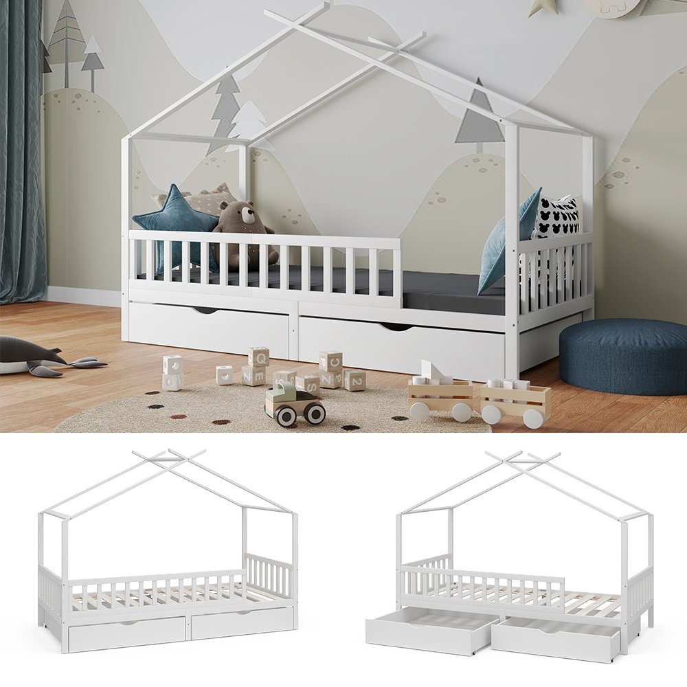 VitaliSpa® Hausbett Franka, Weiß, 90x200 cm mit 2 Schubladen (3-tlg), mit Rausfallschutz