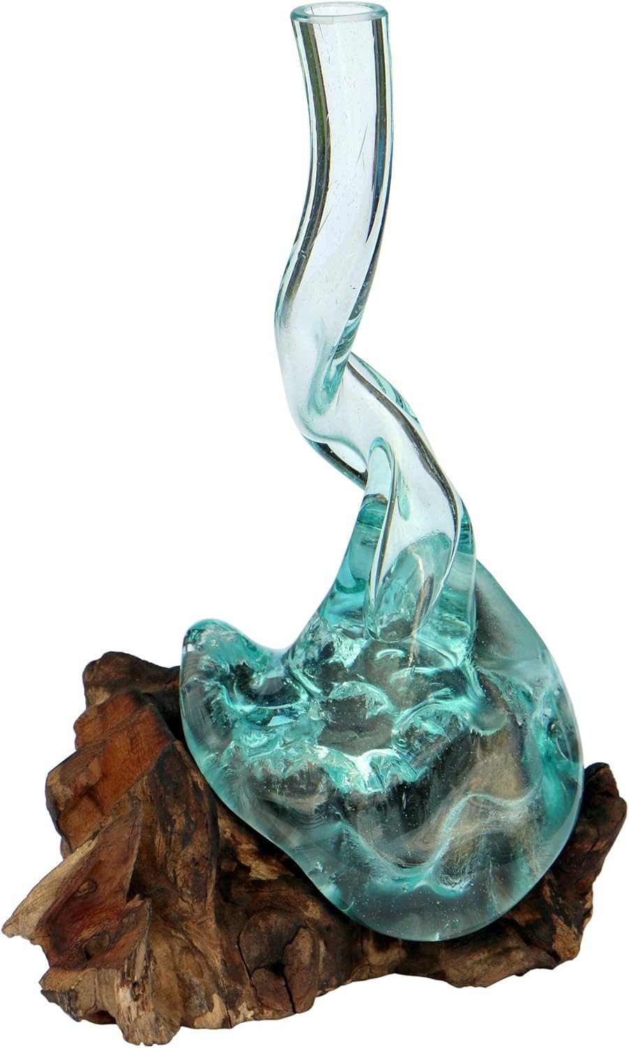 Dekovase gedrehte Glas-Vase auf Wurzelholz Kanne Teakholz Gamal Bali
