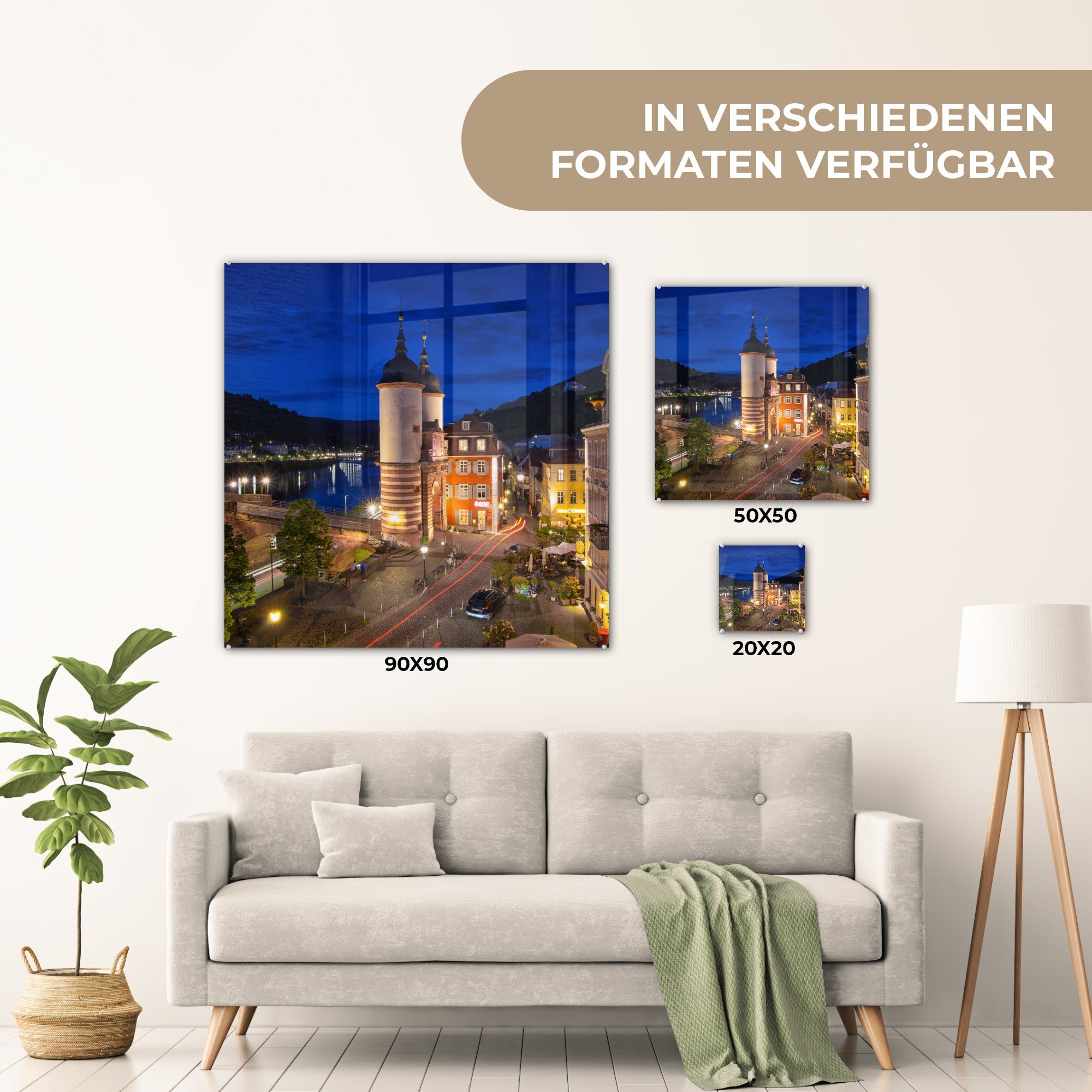 (1 MuchoWow - deutsche Heidelberg Wanddekoration auf St), - Glasbilder Wandbild Abend, Die - Glas Glas Foto Stadt Acrylglasbild am auf Bilder