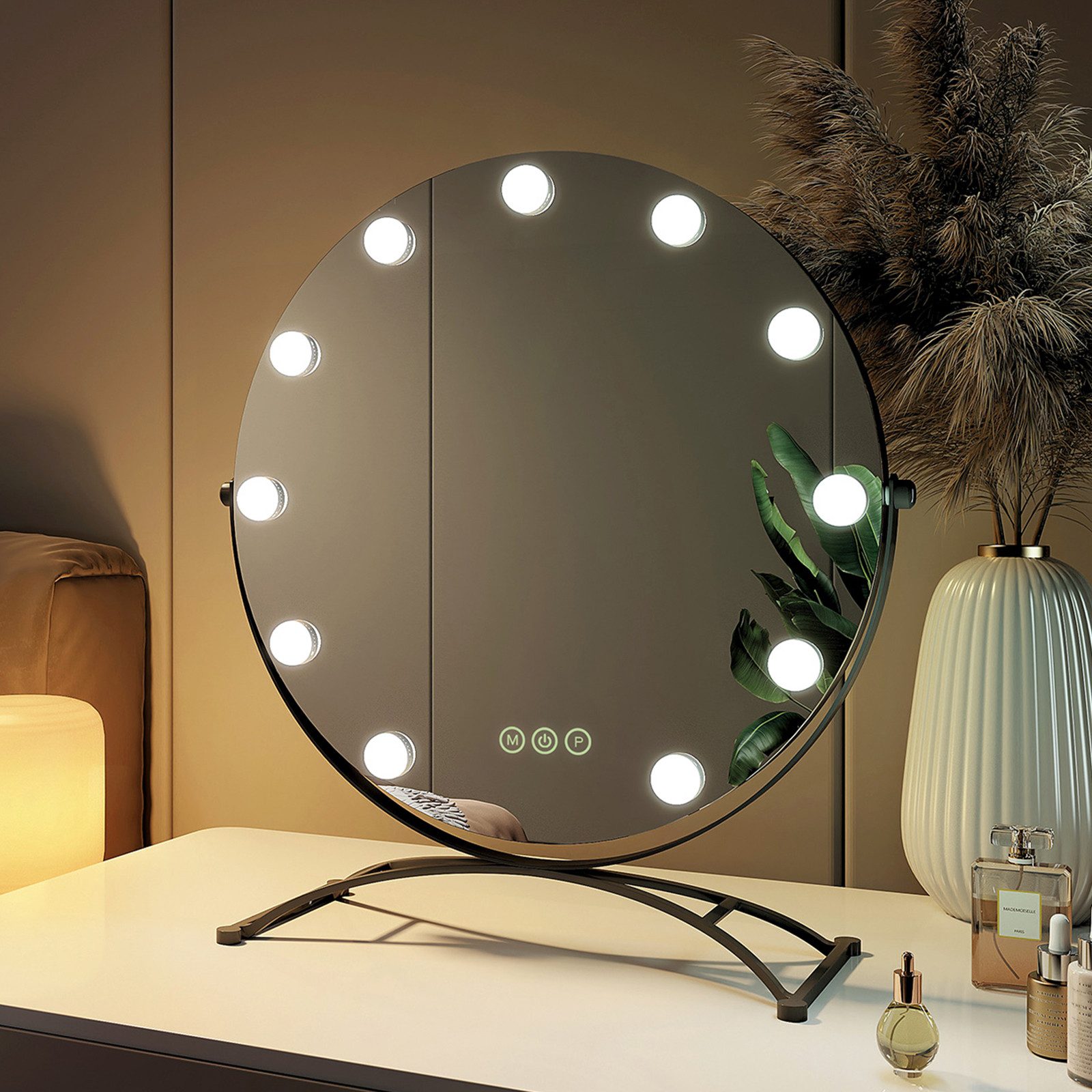 EMKE Kosmetikspiegel 1 Plus 1 Hollywood Spiegel mit Beleuchtung 7 x Vergrößerungsspiegel (Sternenlicht Serie), 3 Lichtfarben, dimmbar, Touch, Memory, 11 LED-Lampen, 360° neigbar