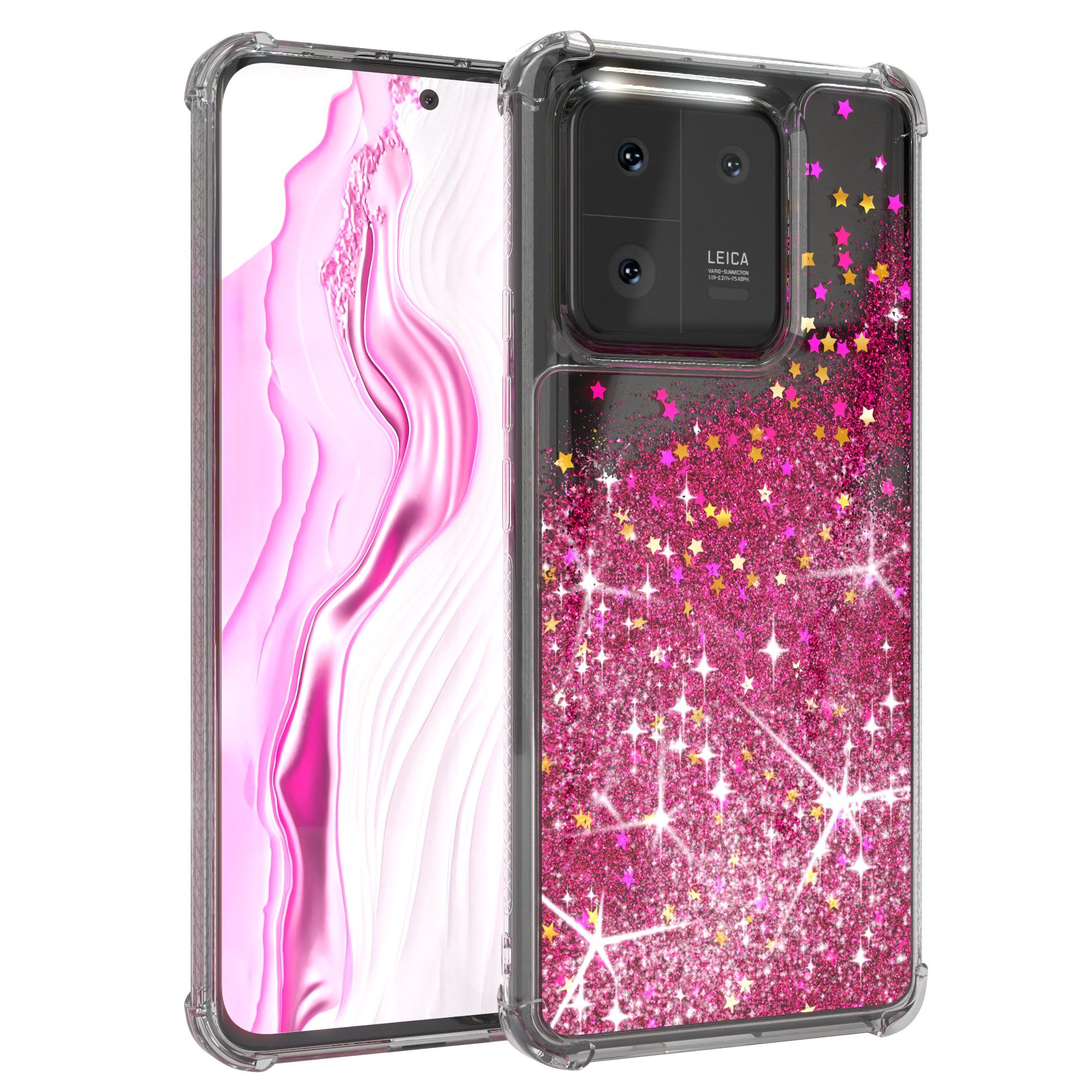EAZY CASE Handyhülle Liquid Glittery Case für Xiaomi 13 Pro 6,73 Zoll, Glitzerhülle Shiny Slimcover stoßfest Durchsichtig Bumper Case Pink