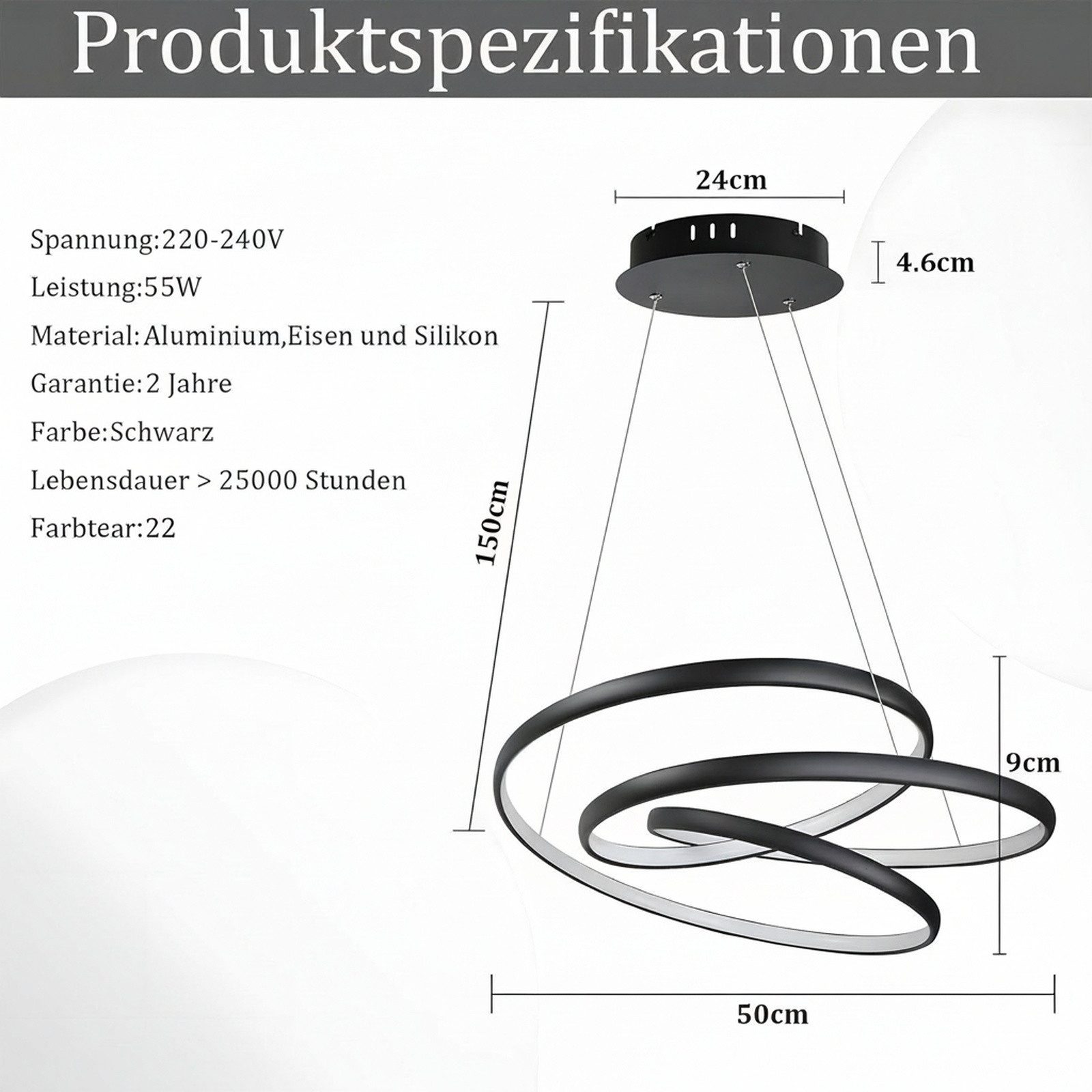 Nettlife LED Pendelleuchte Schwarz Hängelampe Esstisch mit Fernbedienung, Dimmbar mit Fernbedienung, LED fest integriert, Warmweiß, Kaltweiß, Neutralweiß, Wohnz – Bild 4 von 5