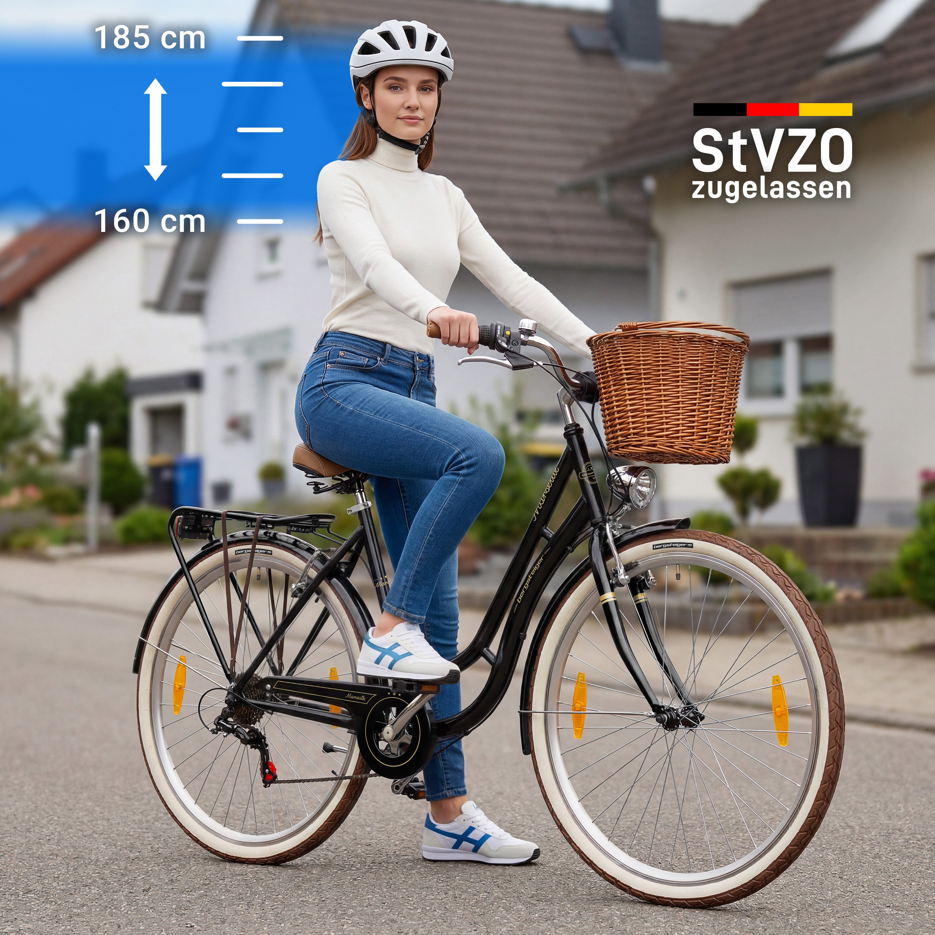 bergsteiger Cityrad Marseille 26 Zoll, 28 Zoll Damenfahrrad, ab 150 cm, Korb aus Rattan, 6 Gang, Kettenschaltung, V-Bremsen