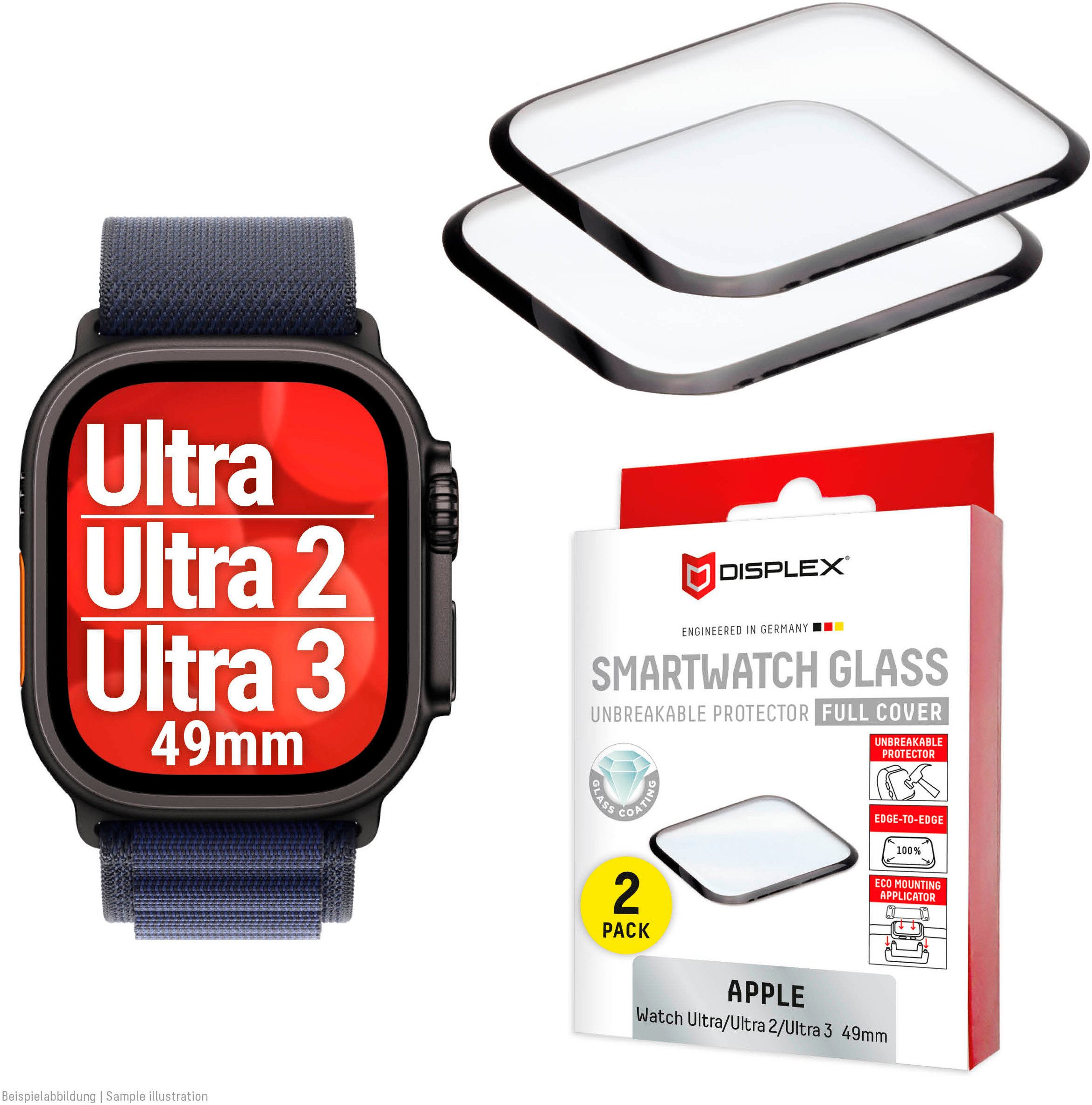 Displex Displayschutzglas Smartwatch Glass Unbreakable Protector Full Cover für Apple Watch Ultra 2 49 mm, Apple Watch Ultra 3 49 mm, Apple Watch Ultra 49 mm, Packung, Displayschutzfolie, Schutzfolie, Bildschirmschutz, kratz- & stoßfest