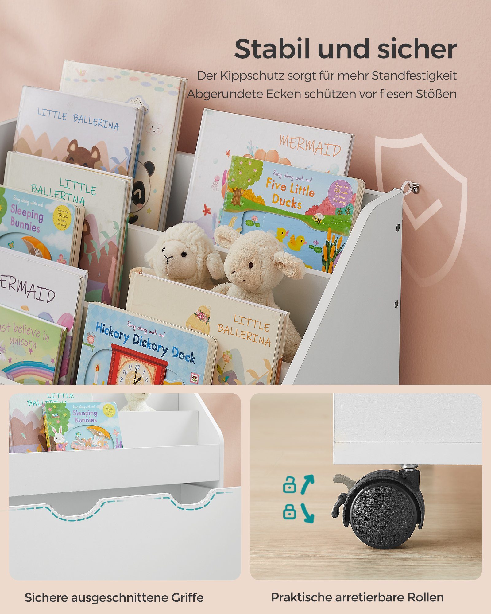 SONGMICS Spielzeugtruhe Bücherregal für Kinder, Kinderregal, mit Kippschutz, auf Rollen, 70cm Höhe