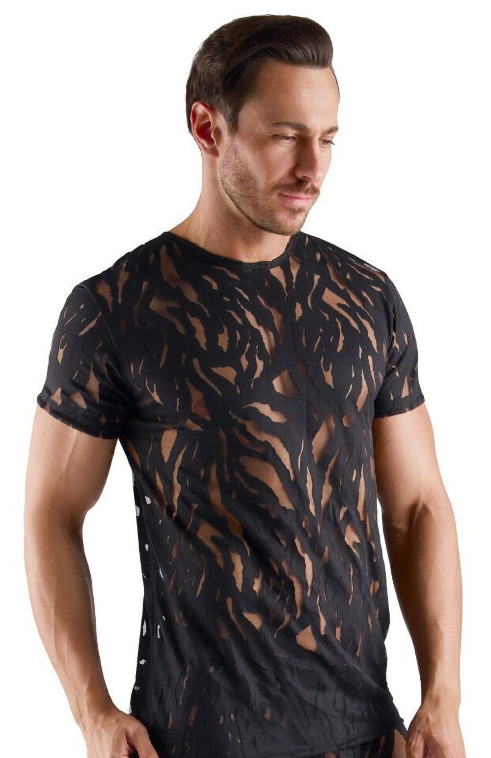 Svenjoyment Muskelshirt Kurzarm-Shirt halb transparent - schwarz (1-tlg) Teilweise transparent, Weich & elastisch für hohen Tragekomfort
