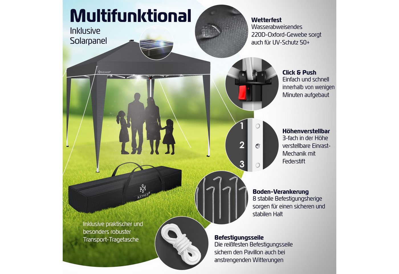 Thumbnail - KESSER Pavillon, Faltpavillon 3x3m mit LED Beleuchtung Solar Fernbedienung