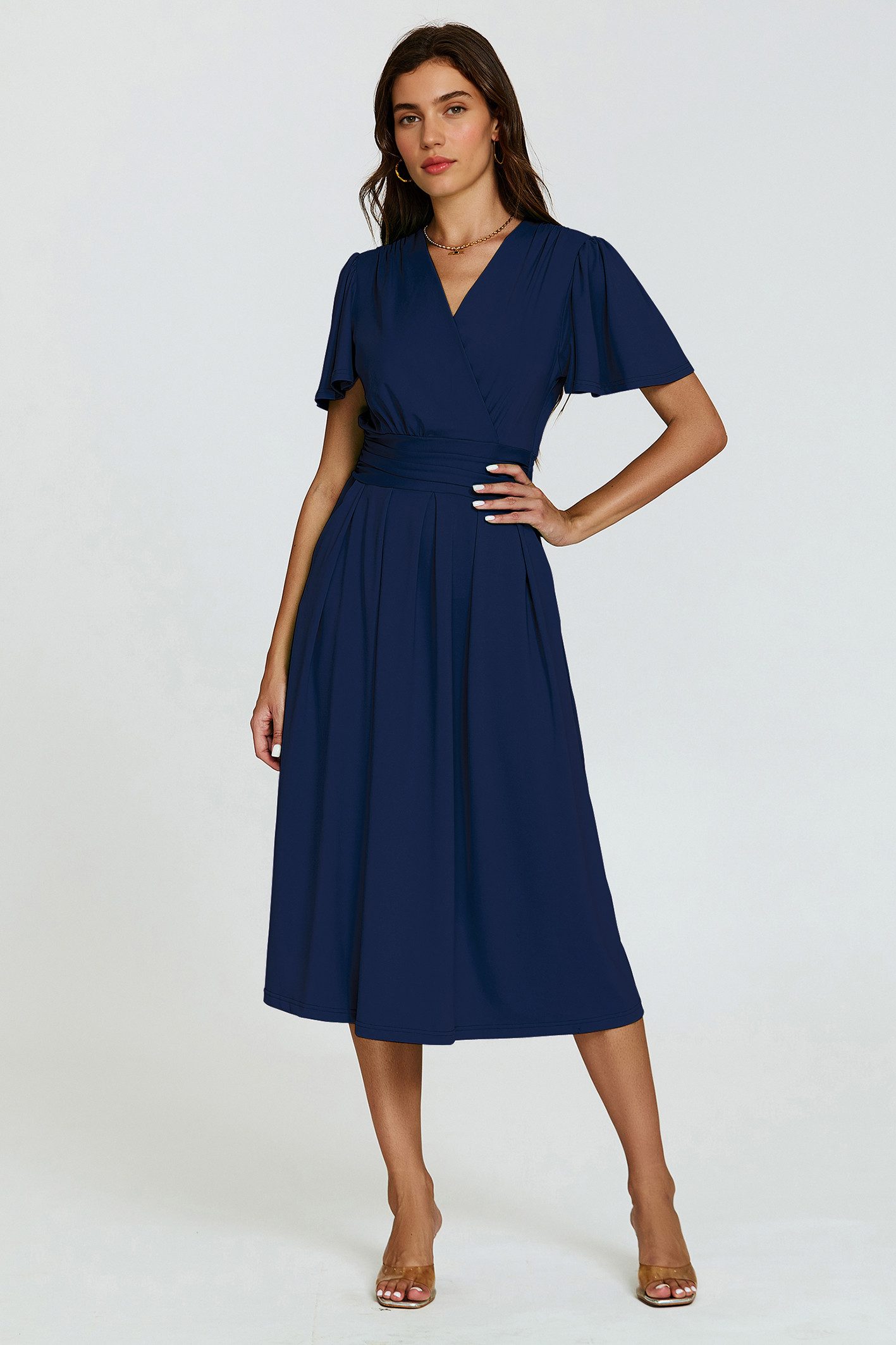 FS Collection Midikleid Damen Midikleid Sommerkleid Freizeitkleid Businesskleid Wickeloptik (Größen: XS (EU:36 / UK:8) · S (EU:38 / UK:10) · M (EU:40 / UK:12) · L (EU:42 / UK:14) · XL (EU:44 / UK:16), 3 Farben : Marineblau, Dunkelgrün und Hellgrün) Wickeloptik, elastische Taille, Seitentaschen, fließender Jersey-Stoff