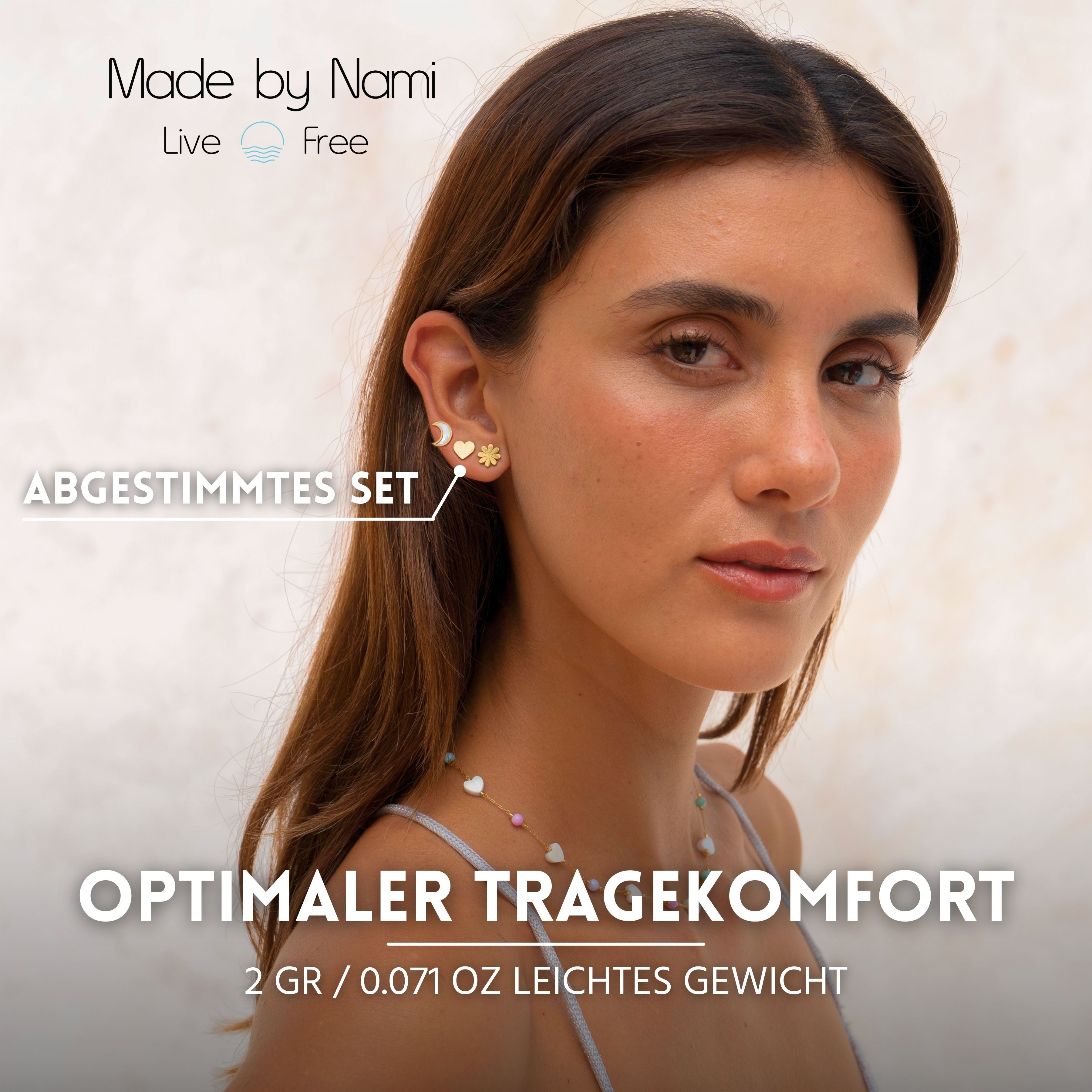 Made by Nami Ohrstecker-Set verschiedene Formen mit Mond-Blume-Herz Perlmutt Ohrstecker Gold, aus Chirurgischem Edelstahl Wasserfester Schmuck Geschenk für Sie – Bild 3 von 5
