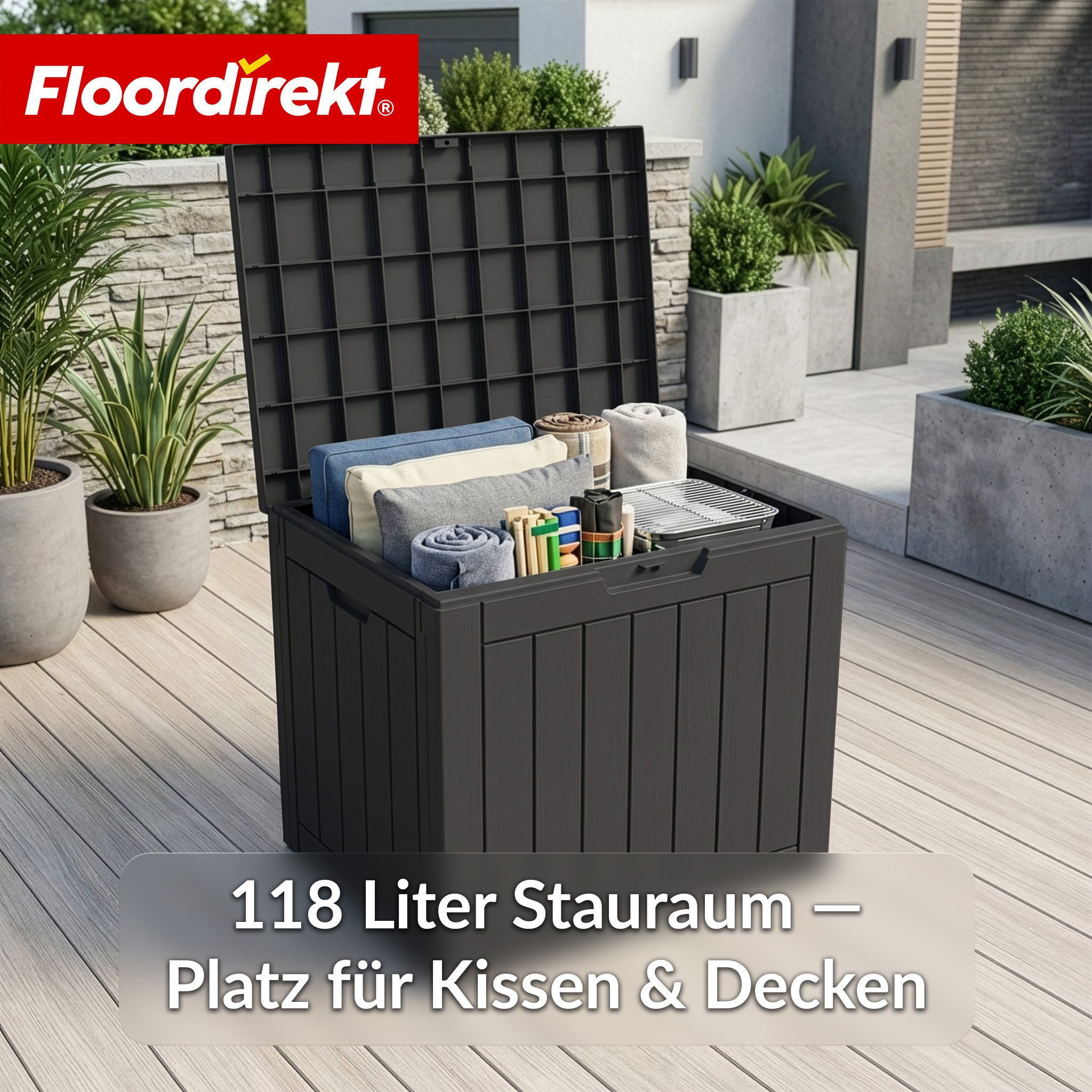 Floordirekt Gartenbox Floordirekt Gartenbox Holz-Optik wetterfeste Kissenbox 118L 270L 300L (Vorrichtung für Vorhängeschloss), Robuste Holz-Optik in Anthrazit oder Braun
