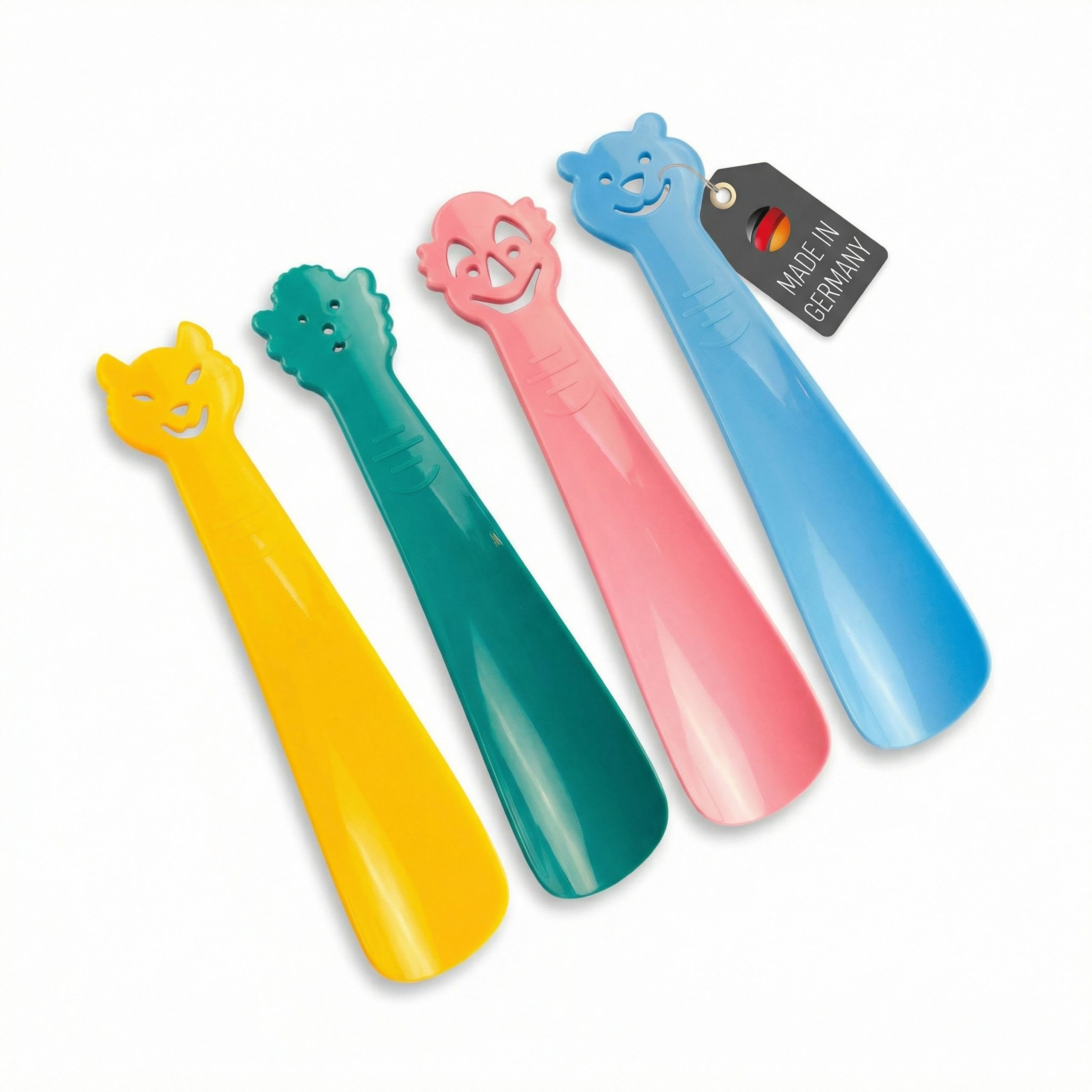 Lantelme Schuhlöffel 4 Stück Set Kinderschuhlöffel mit Motiv Kinder Schuhanzieher Bunt (4 Stück Schuhlöffel im Set aus Kunststoff), Farben Blau, Gelb, Grün und Rosa, Deutsche Herstellung