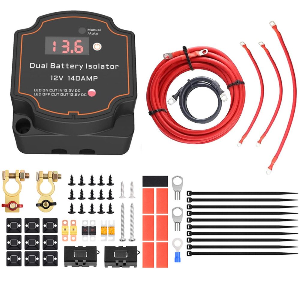 PRIISF Batterie-Trennrelais Trennrelais 12V 140A Camper Zweit Doppel Batterie Set Kupfer Kabel Kit, (mit LCD Display Auto Doppelbatterie Trennrelais Split Charge Kit), LED Doppelbatterie Isolator Trennrelais Ladestromverteiler Wohnmobil