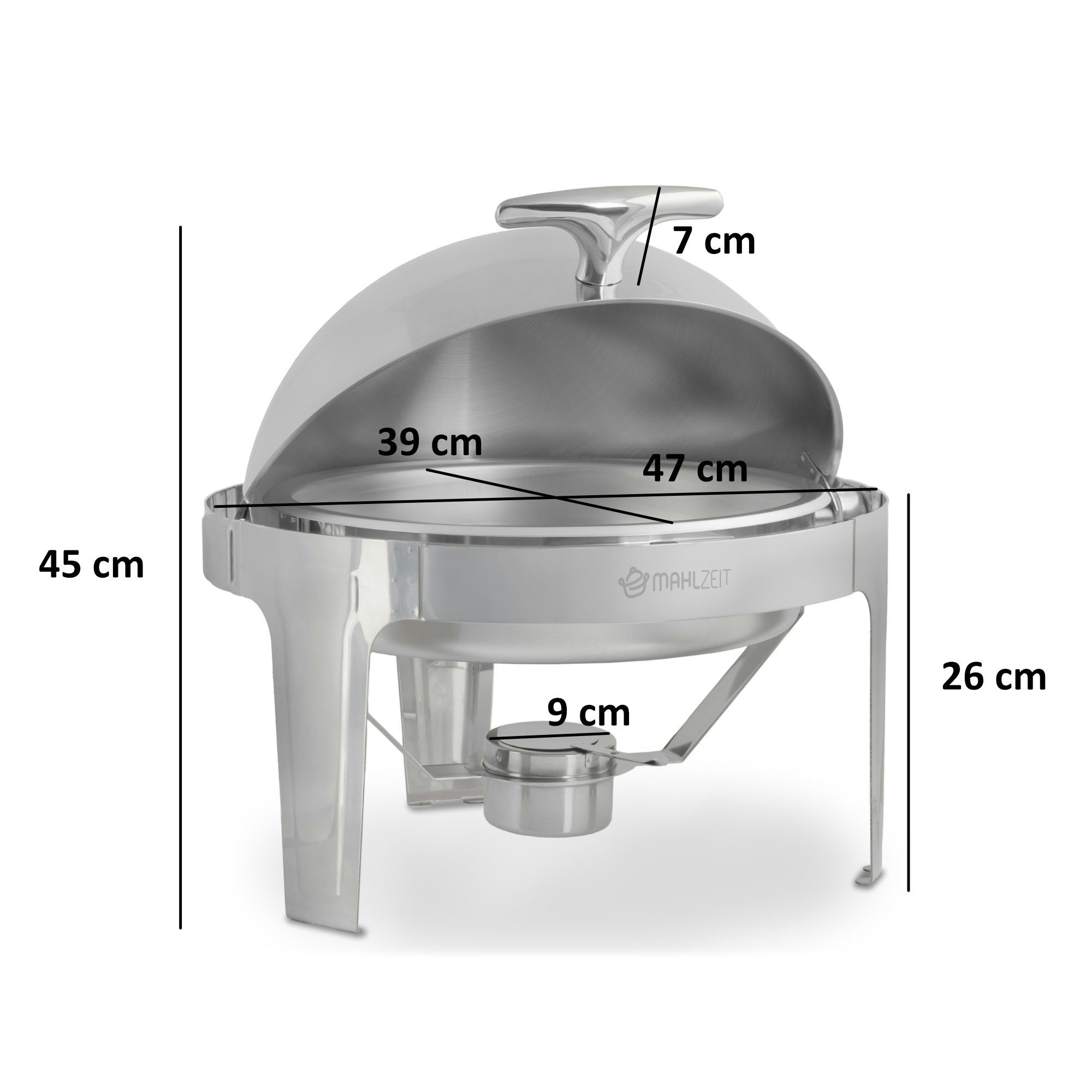 Mahlzeit Speisenwärmer Edelstahl Chafing Dish, 6 Liter, rund, Speisenwärmer, Wärmebehälter, (5-tlg), Leises schließen dank Gummistopper