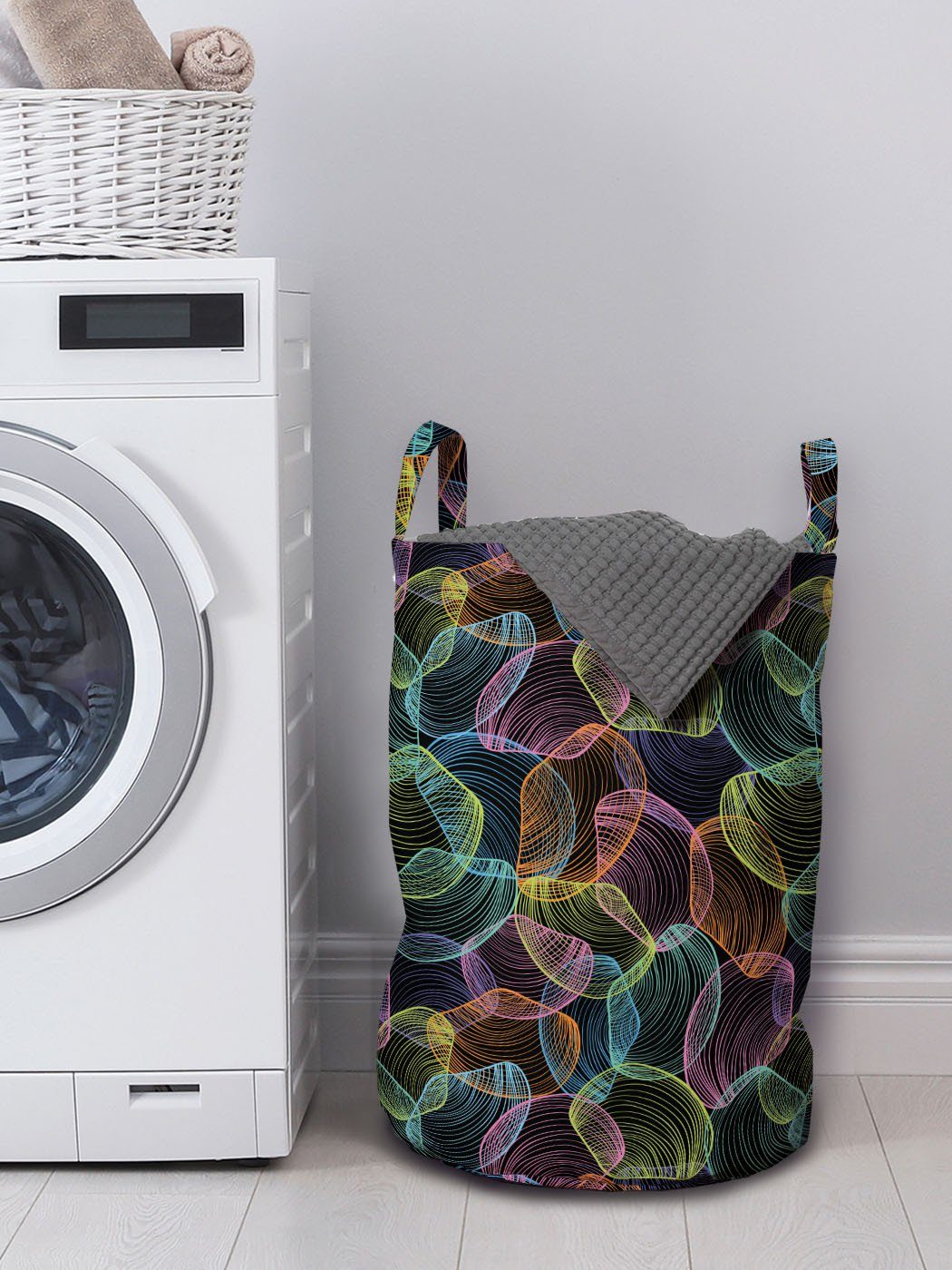 mit Kunst Abakuhaus Griffen für Futuristisch Kordelzugverschluss Wäschesäckchen Digital Waschsalons, Shell Forms Wäschekorb