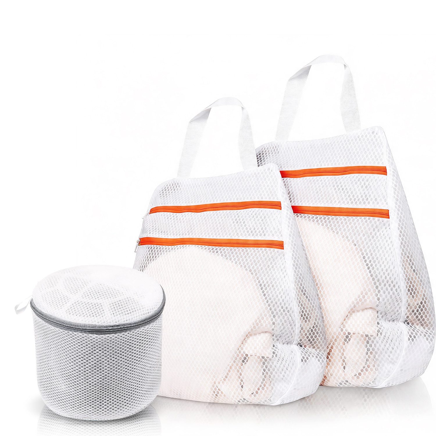 HEYHIPPO Wäschesack 3er Set Wäschesack mit Reißverschluss – doppellagig, für BH, Socken (Set, Wäscheschutzbeutel – Größen S/M/L, doppellagig, für Schonwäsche, weiß), Waschmaschinen-Beutel – wiederverwendbare Netzsäcke für Kleidung
