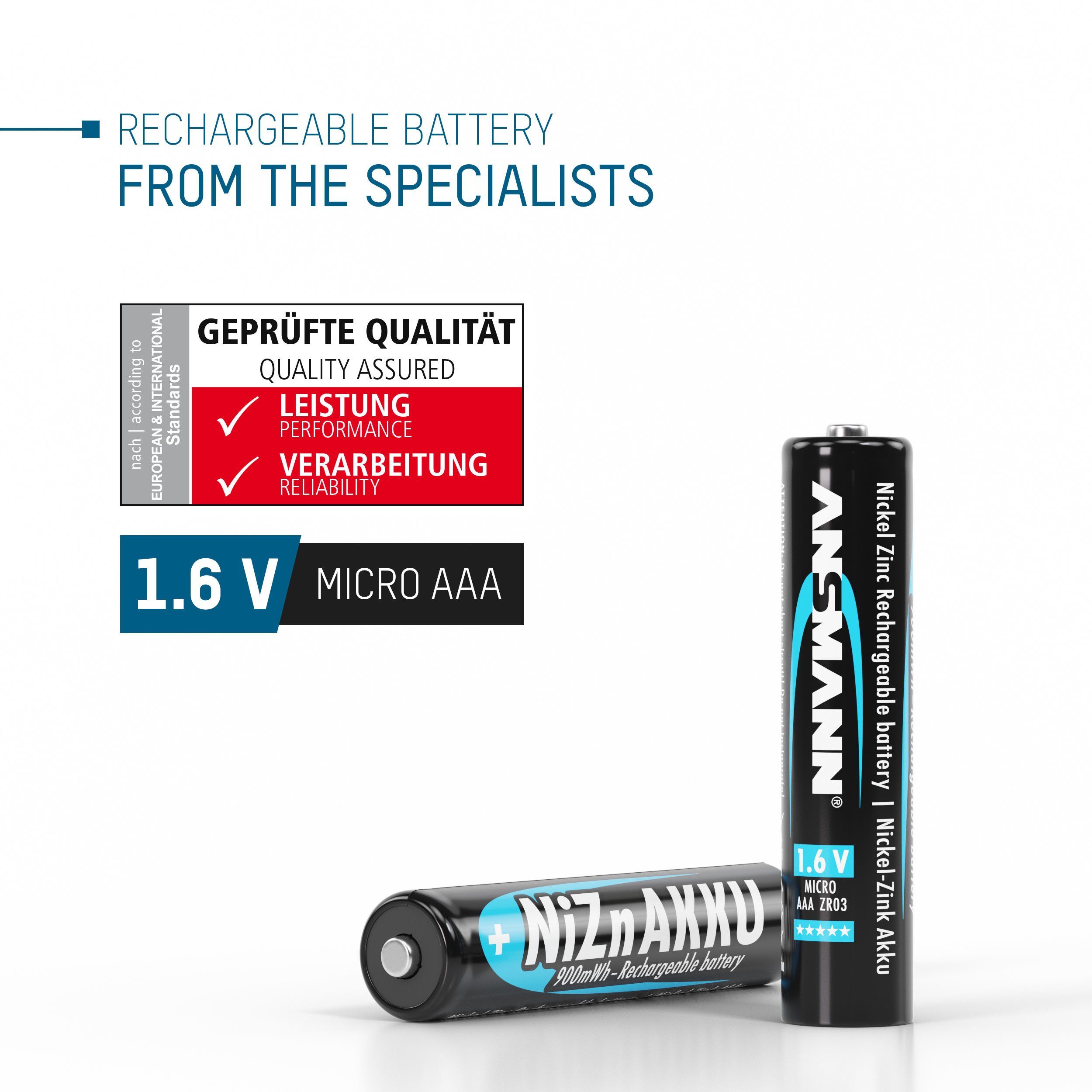 ANSMANN® Micro AAA V) wiederaufladbare 1,6V NiZn (900mWh), Stück 550mAh 8 Batterien Akku - 550 mAh (1.6 Akku