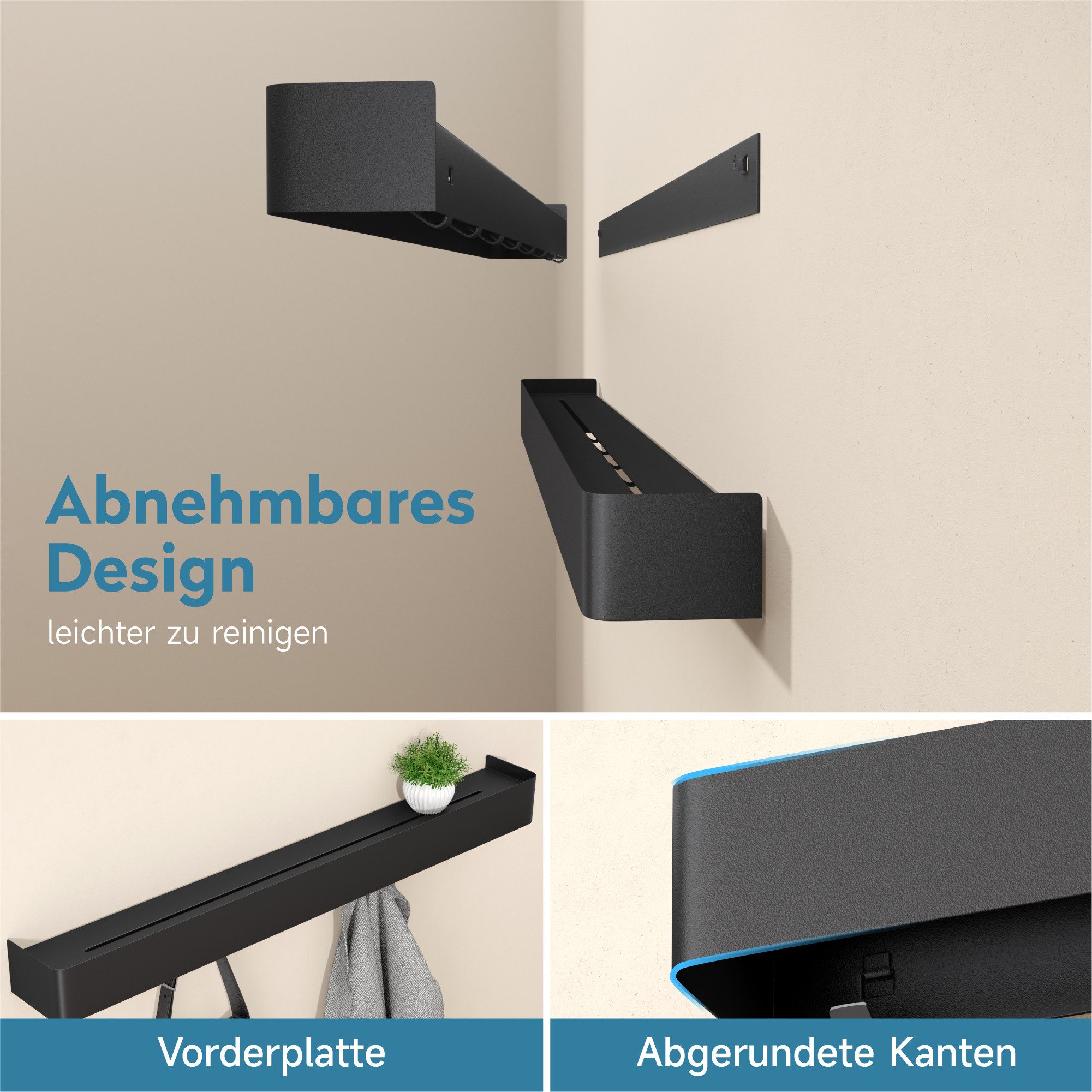 doporro Garderobenleiste Wandgarderobe Hakenleiste mit Ablage aus Kohlenstoffstahl Reglo-05 (4 St), Kombination aus Ablagefläche und unteren Haken – Bild 5 von 5