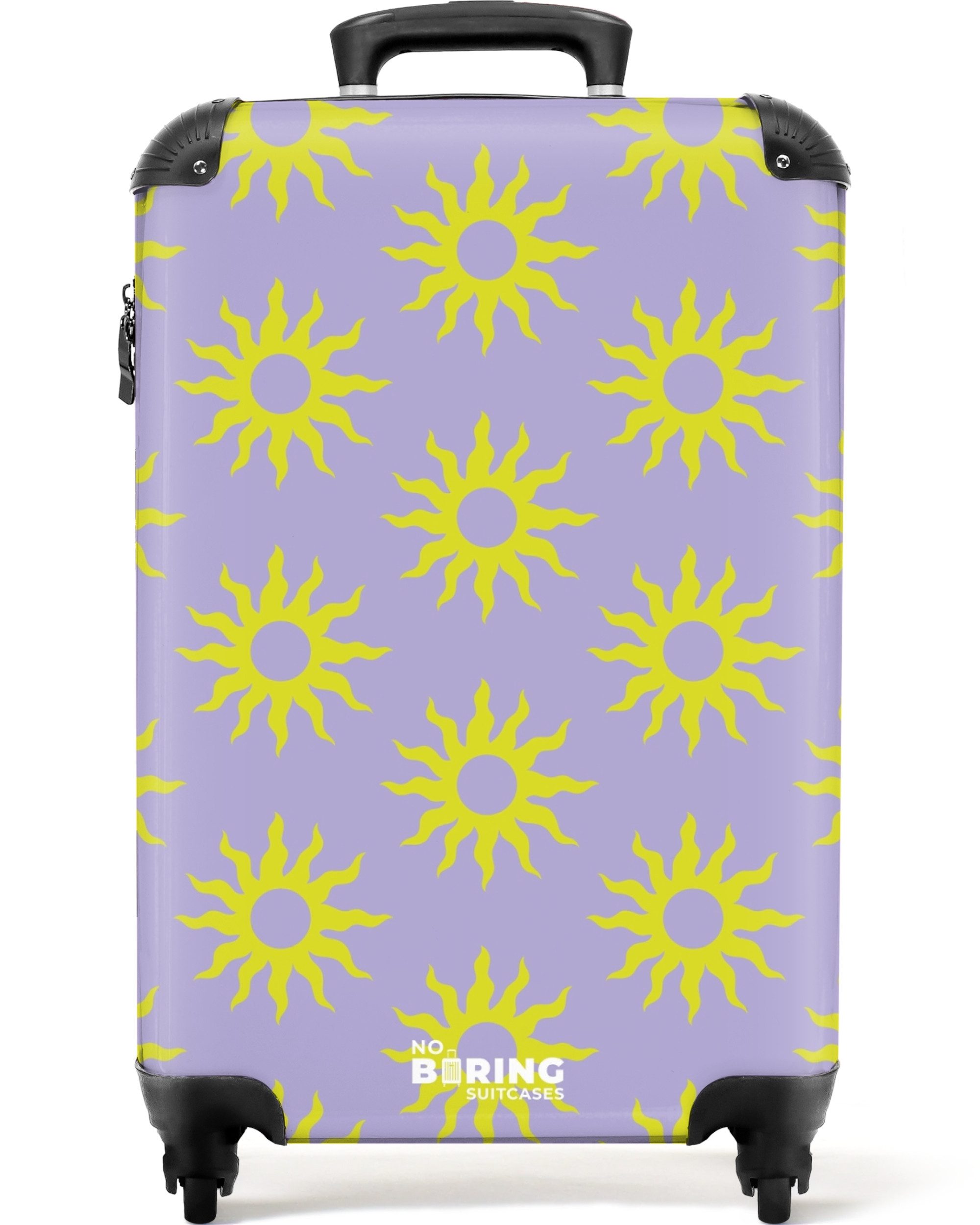 NoBoringSuitcases.com© Hartschalen-Trolley Lila mit gelben Sonnen günstig online kaufen