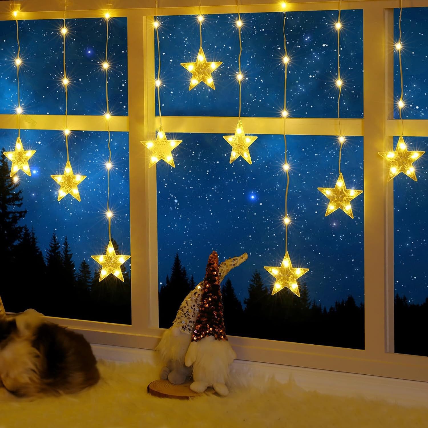 Quntis Lichtervorhang 88cm Bunt&Warmweiß weihnachtsstern fenster, weihnachtsdeko innen, 76-flammig, LED Fensterbilder für Innen/Außen/Fenster Ostern Mädchen Deko