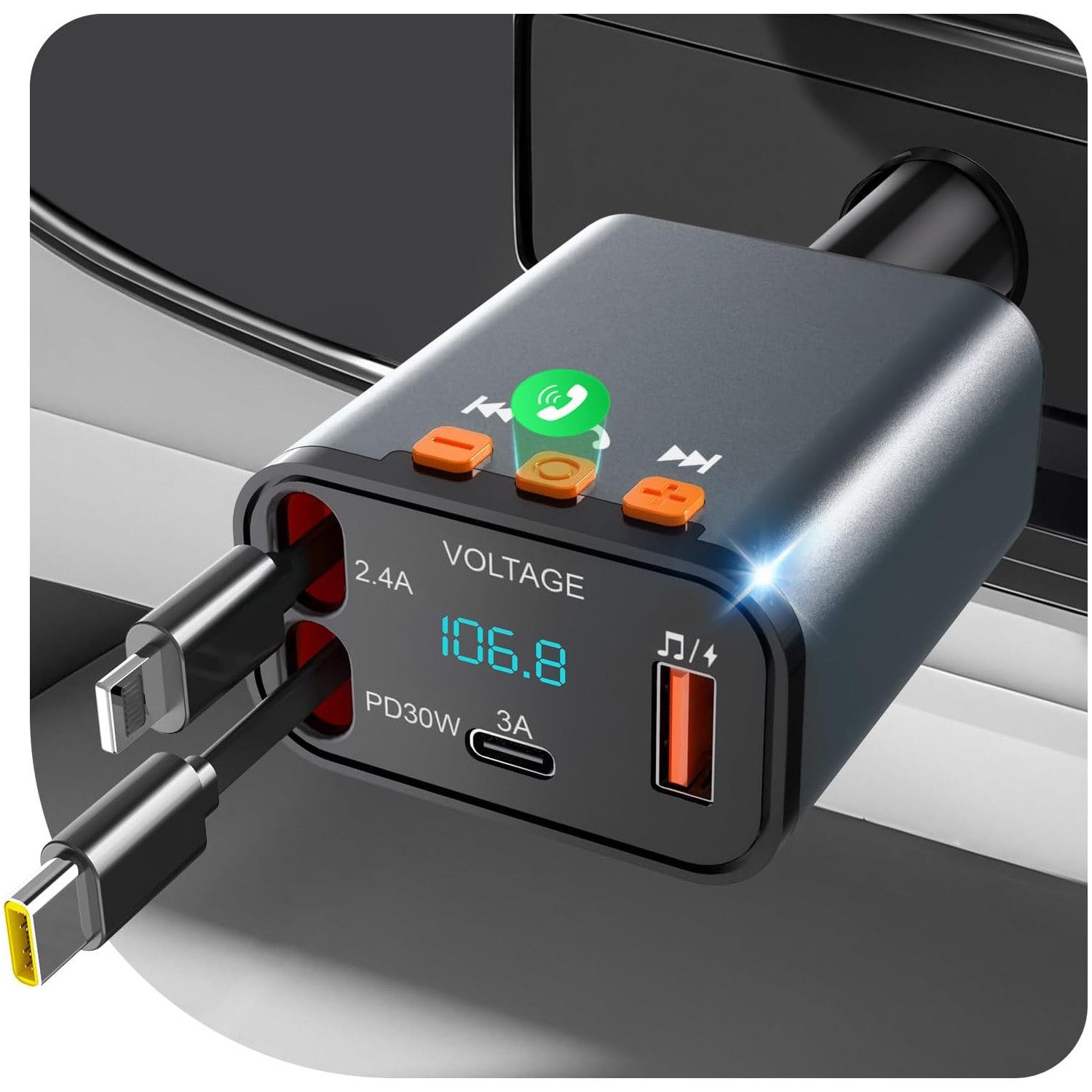 TUWENA Bluetooth & Zigarettenanzünder, KFZ Ladegerät mit 2 Einziehbare Kabel Auto-Adapter, FM Transmitter, 24V/12V USB-C