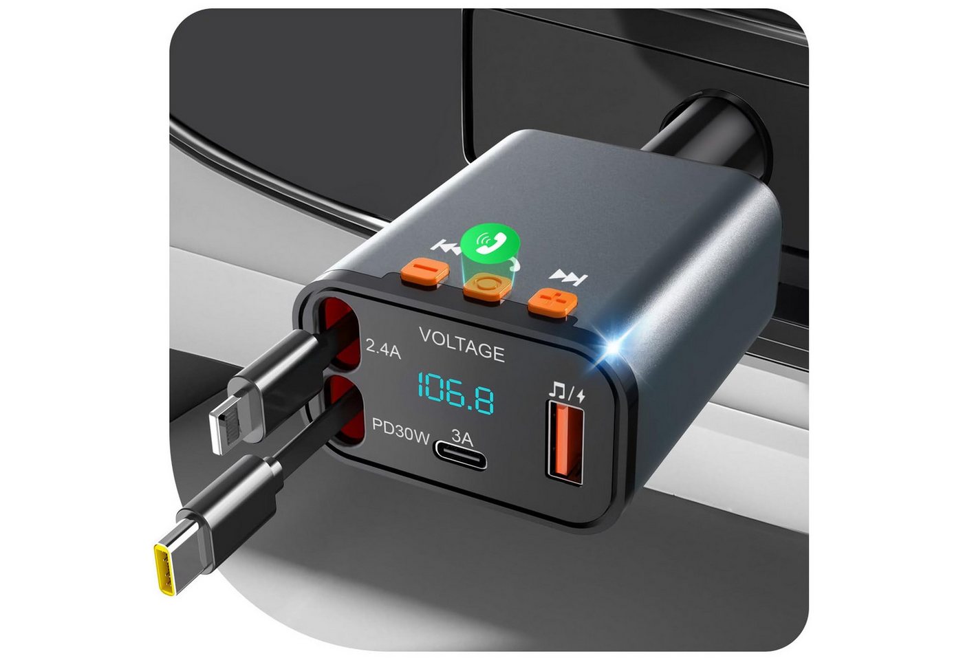 TUWENA Bluetooth & Zigarettenanzünder, KFZ Ladegerät mit 2 Einziehbare Kabel Auto-Adapter, FM Transmitter, 24V/12V USB-C