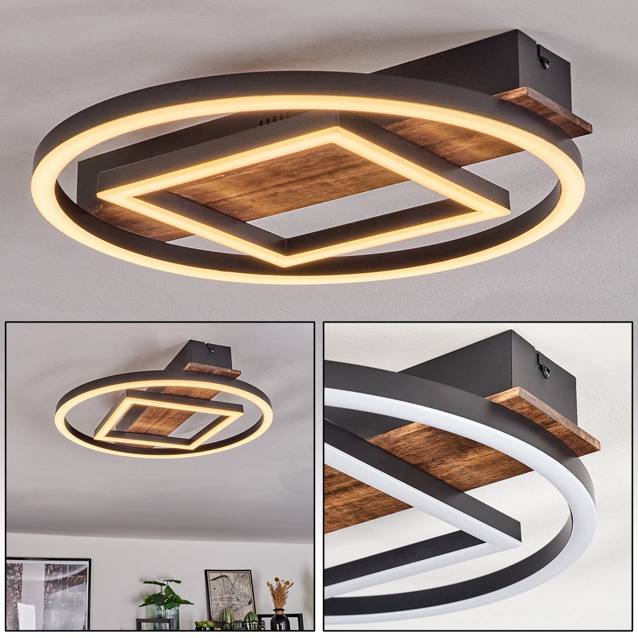 hofstein Deckenleuchte Deckenlampe aus Metall/Holz/Kunststoff in Schwarz/Dunkelbraun/Weiß,  LED wechselbar, 3000 Kelvin, (38,5 cm), 24 Watt, 2500 Lumen, 3000 Kelvin