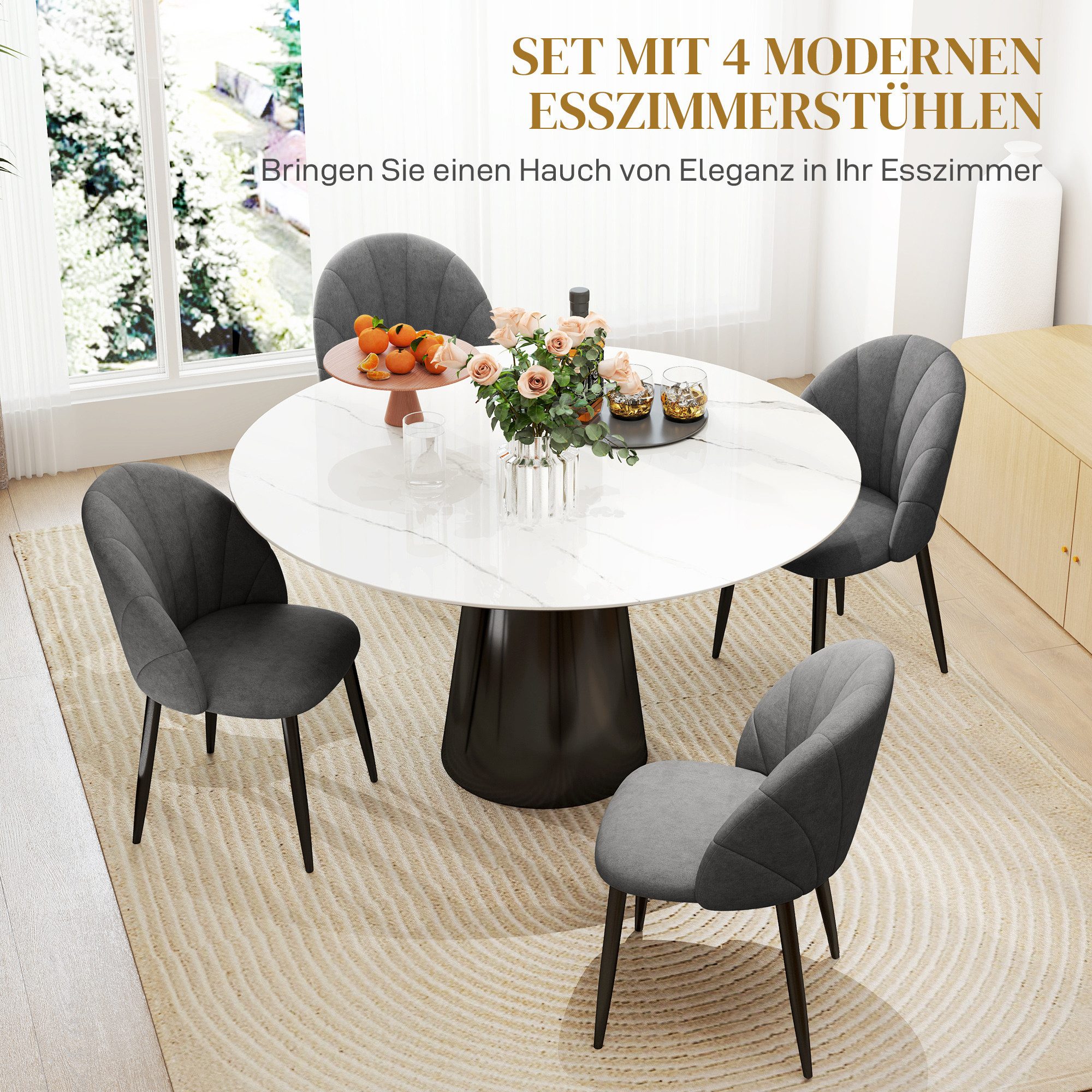 HOMCOM Esszimmerstuhl Moderner Polsterstuhl mit Stahlbeine, ergonomischer Rückenlehne (Küchenstühle in Leinenoptik, 4 St), Dunkelgrau – Bild 4 von 5