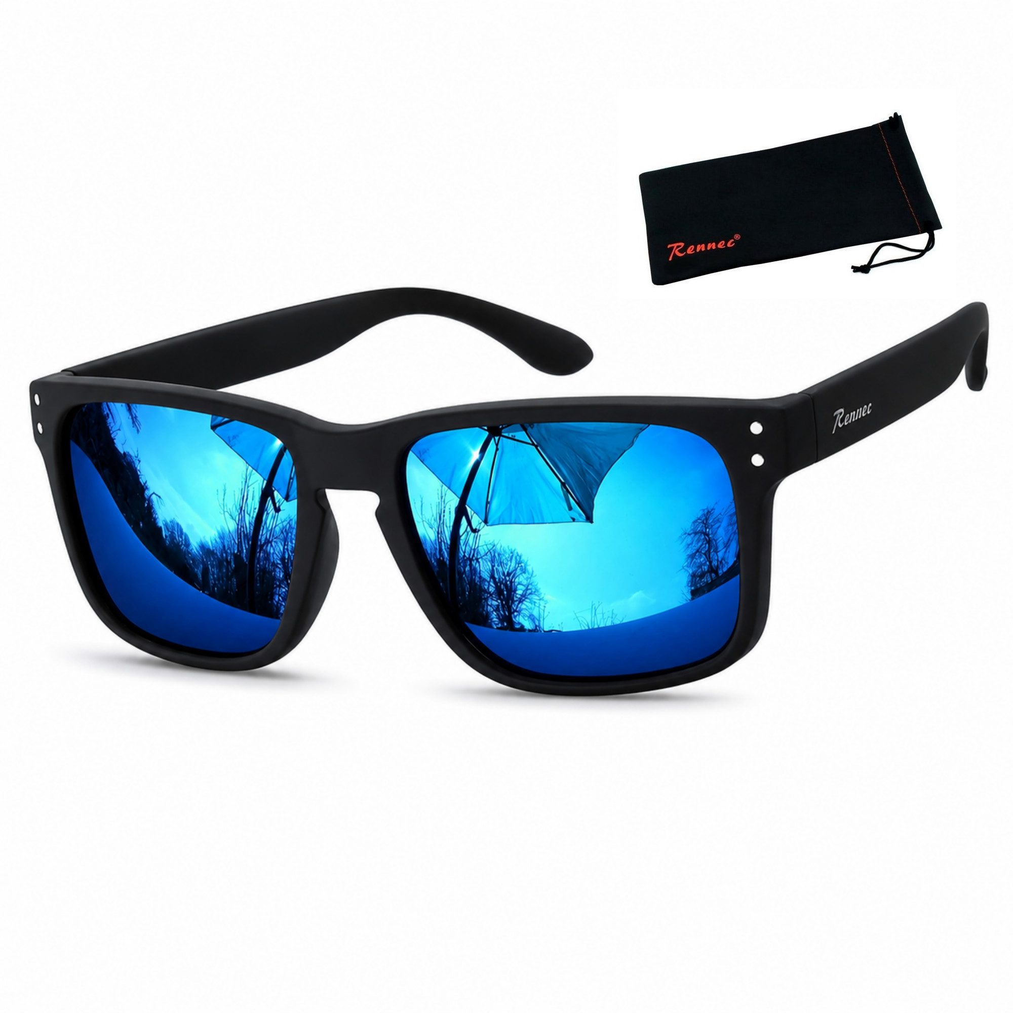 Rennec Sonnenbrille Herren Polarisiert Markenbrille mit Brillenbeutel Gläser Blau Verspiegelt Stabile Gelenke Markenschriftzug