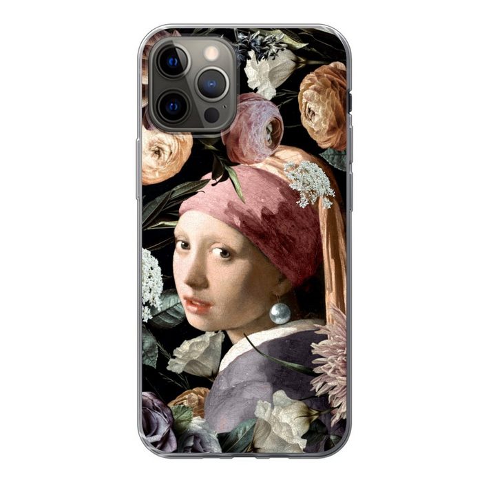 MuchoWow Handyhülle Mädchen mit Perlenohrring - Blumen - Vermeer - Pastell - Kunstwerk - Handyhülle Apple iPhone 12 Pro Smartphone-Bumper Print Handy