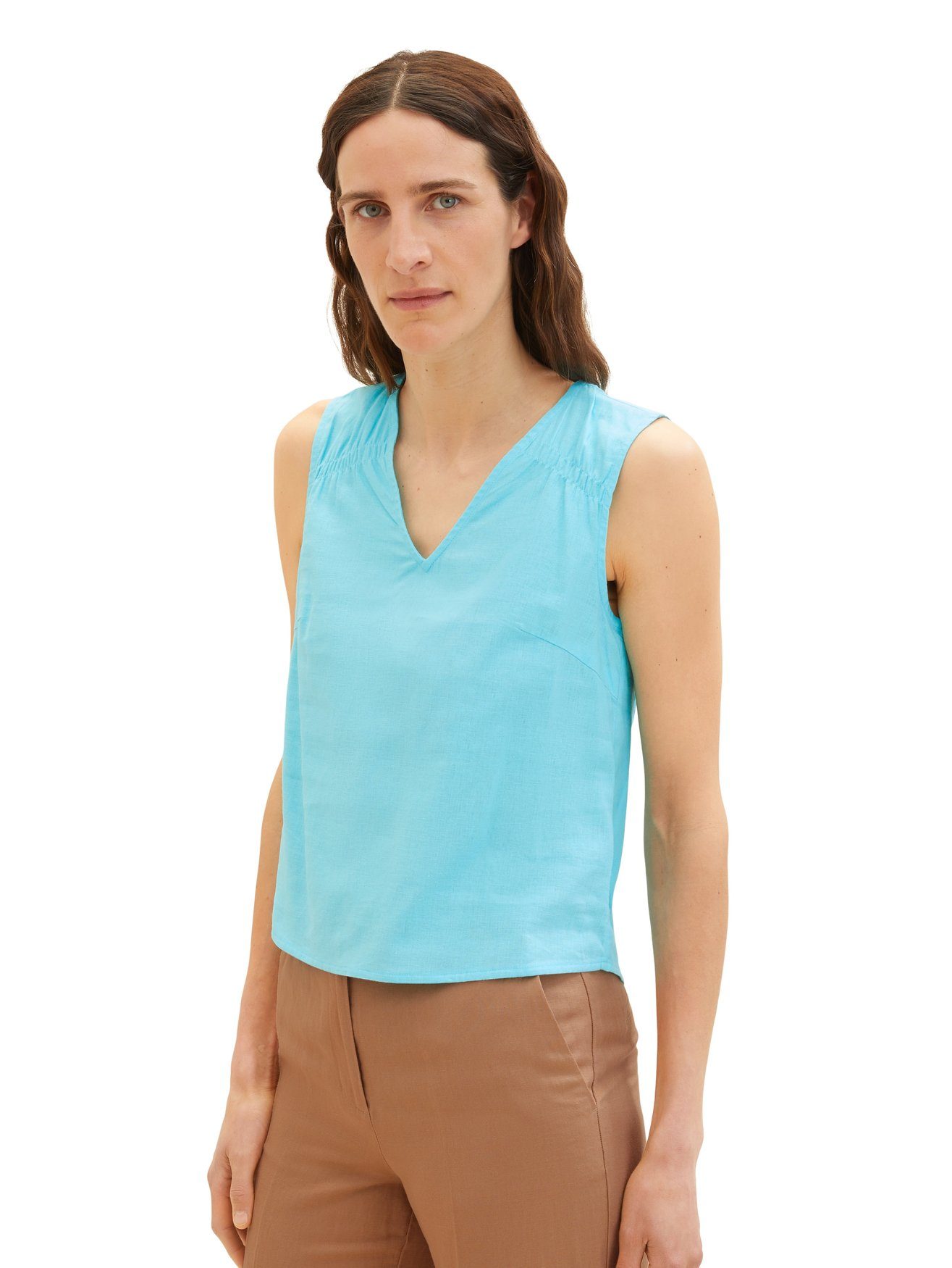 TOM TAILOR Shirttop Ärmellose V-Ausschnitt aus Leinen BLUSENTOP linen mix blouse top