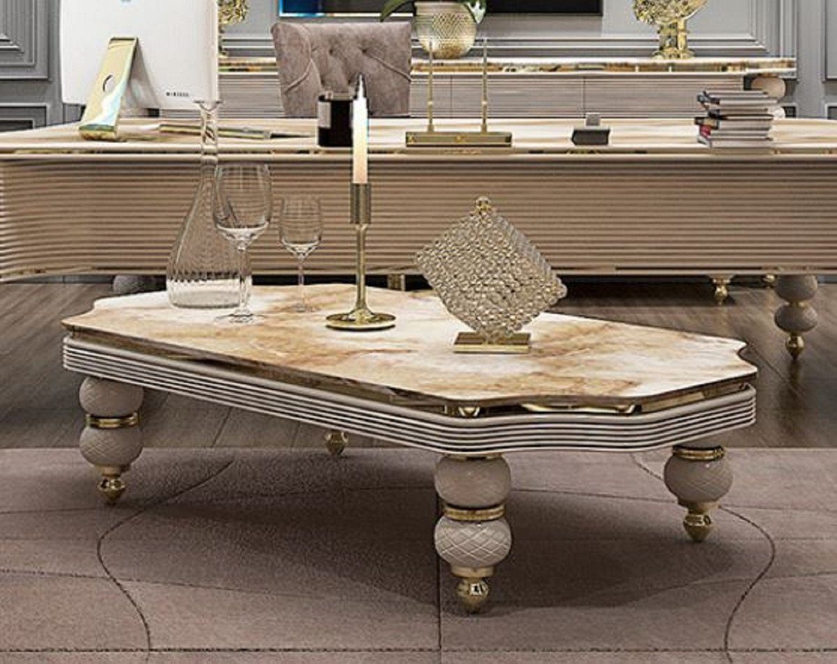 Casa Padrino Couchtisch Luxus Art Deco Couchtisch Weiß / Beige / Grau / Gold - Wohnzimmertisch mit Kunstmarmor Tischplatte - Art Deco & Hotel Möbel - Luxus Kollektion