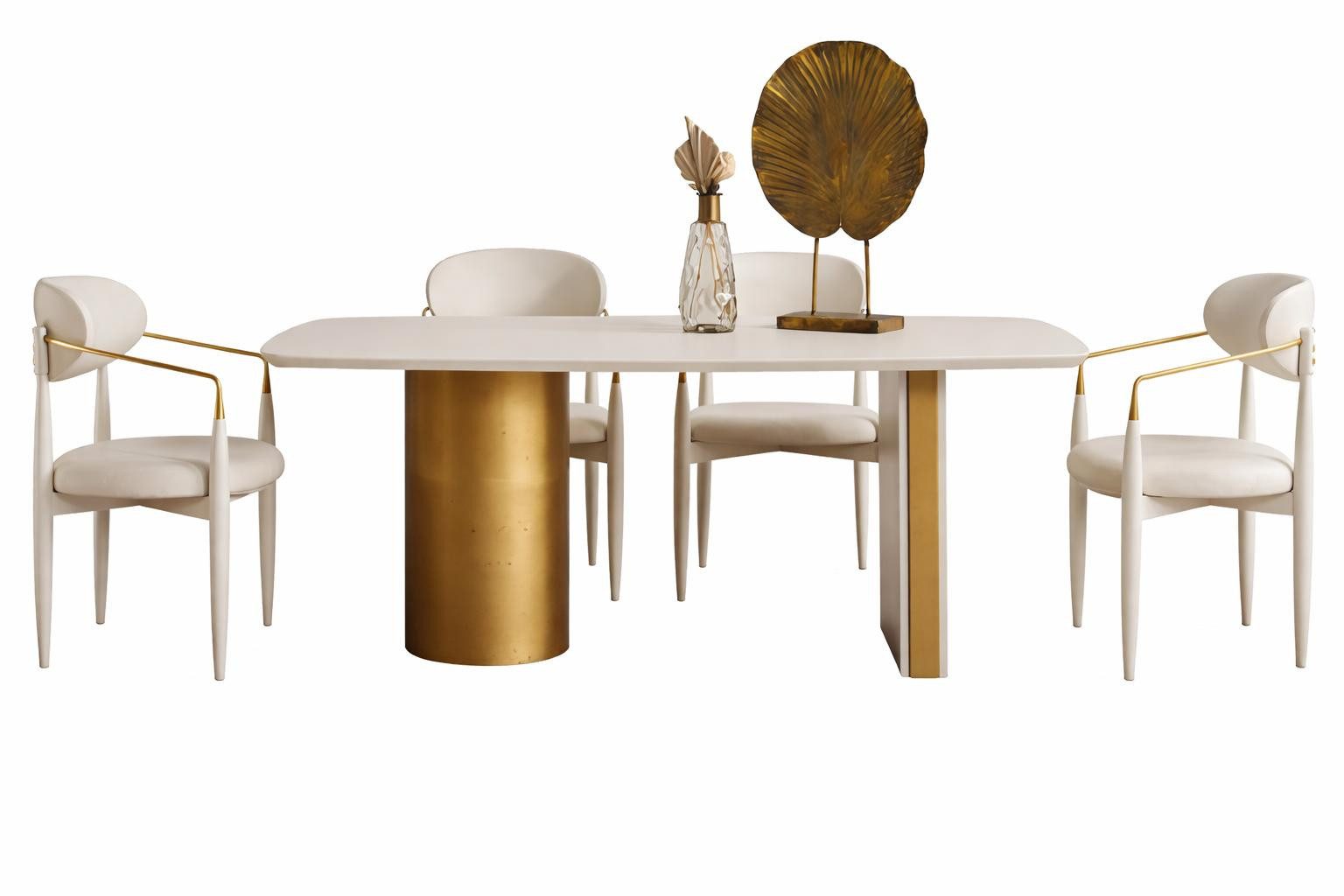 Essgruppe Elegantes Esszimmer-Set mit Tisch und 4 Stühlen in Weiß und Gold